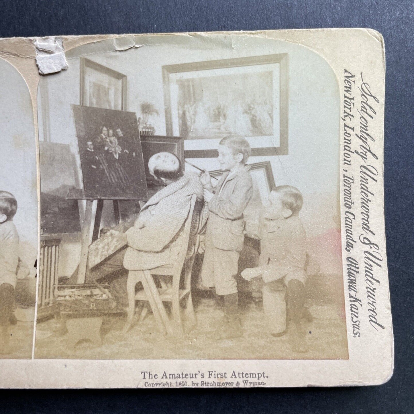 Antique 1891 Boys Prank Sleeping Artist Stereoview Photo Card P1643