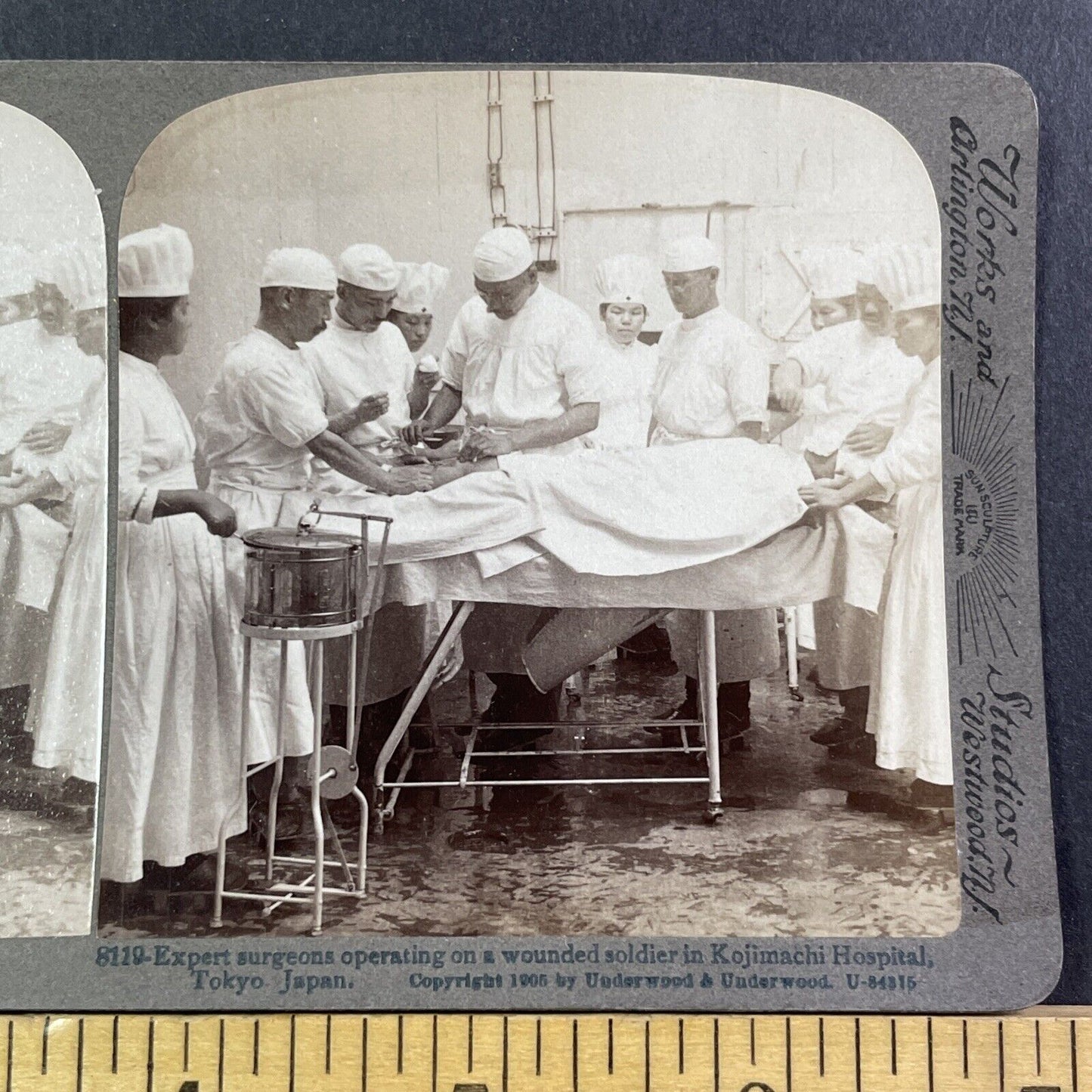 Surgeons Surgery On Patient In Japan Hospital Stereoview Antique c1905 X3119