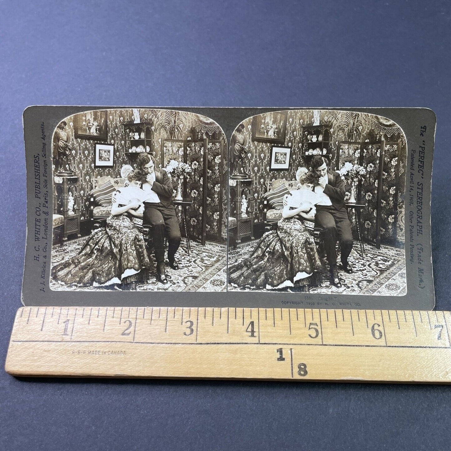 Antique 1903 Man & Woman Blush Caught Kissing Stereoview Photo Card P2923