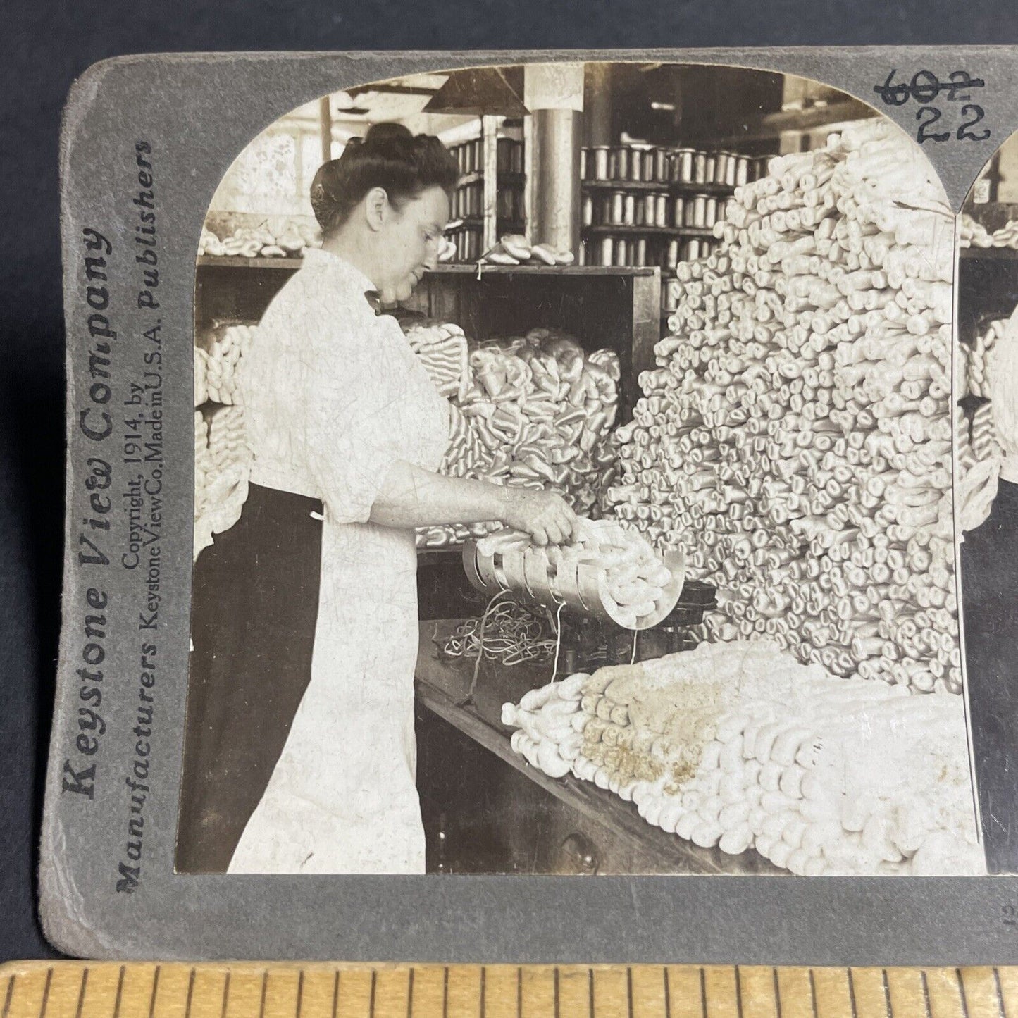 Antique 1914 Woman Weighing Raw Silk Manchester CT Stereoview Photo Card P4846