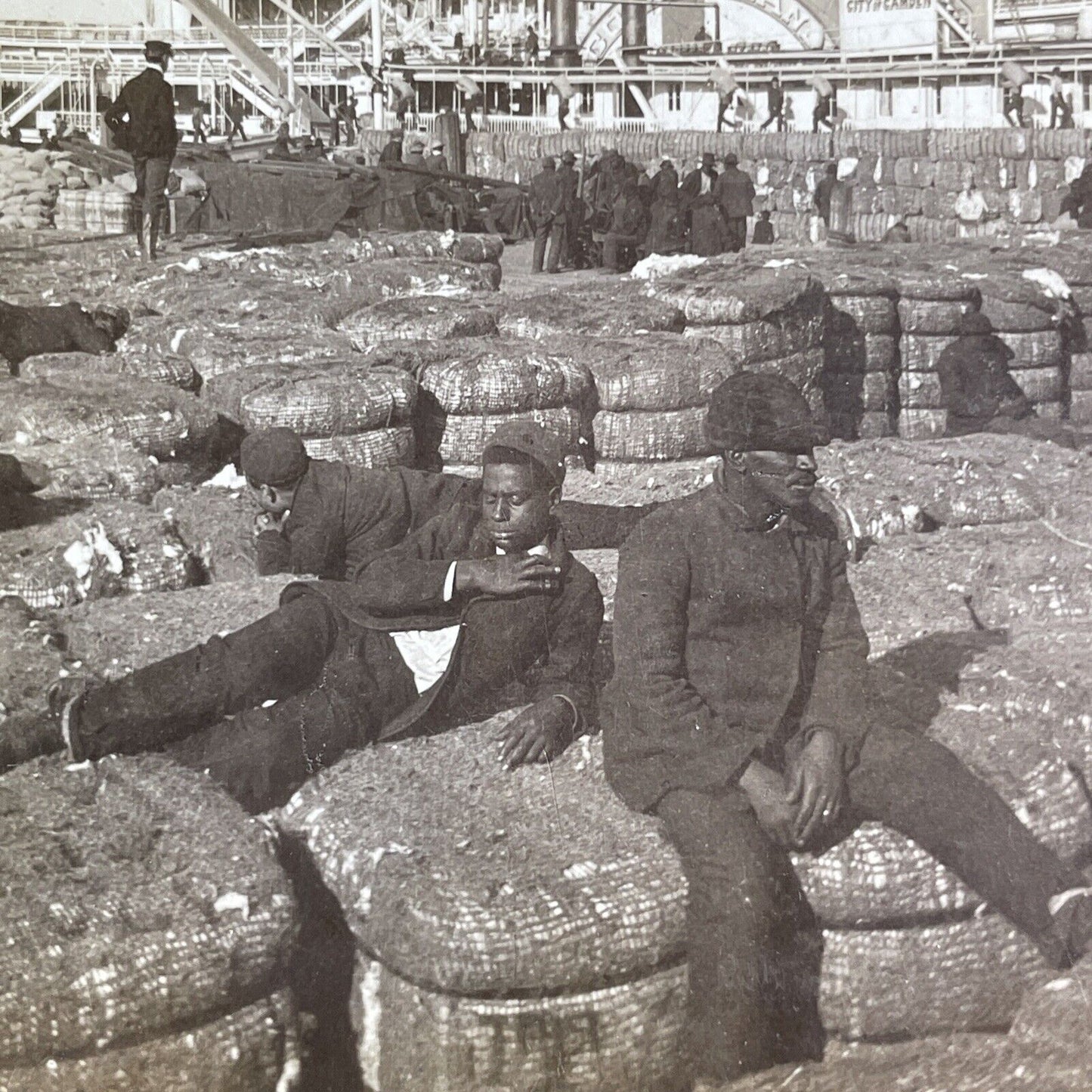 Antique 1902 Loading Cotton Steamships New Orleans Stereoview Photo Card P2137