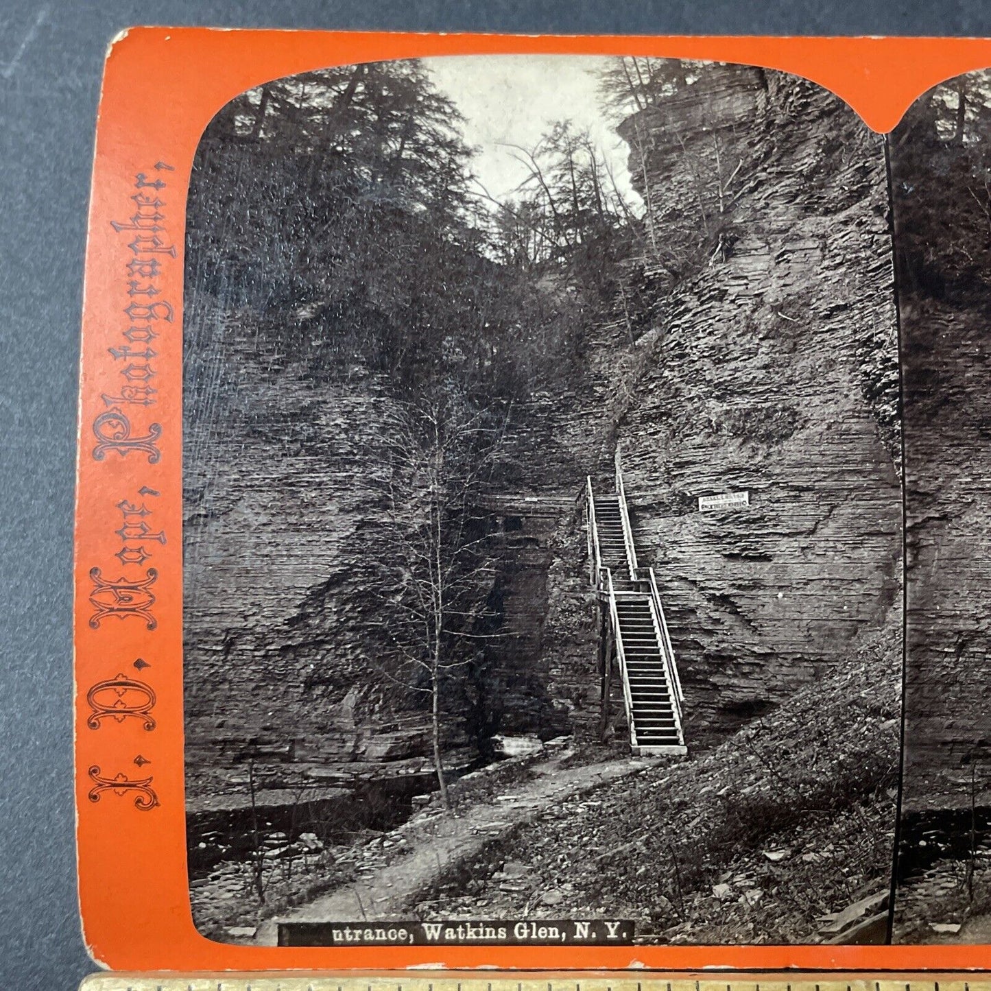 Antique 1860s Watkin's Glen Gorge Stairs New York Stereoview Photo Card V1796