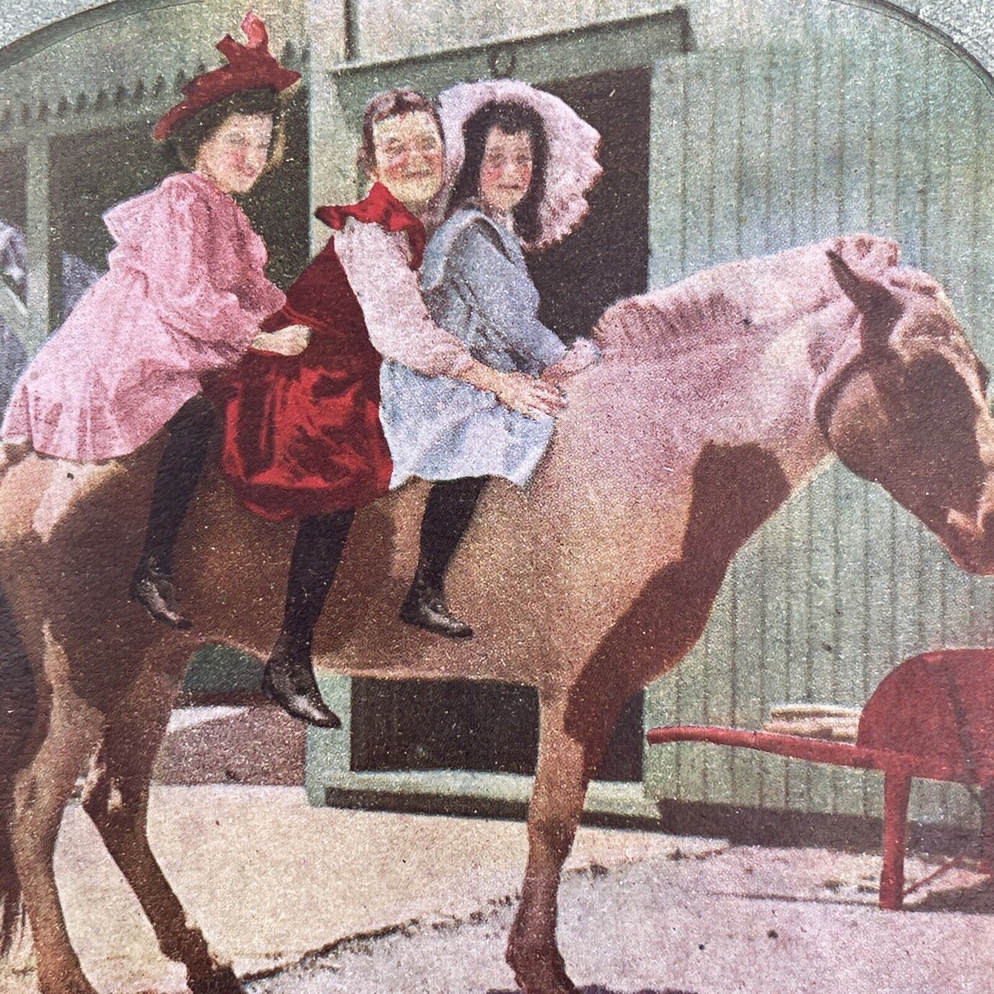 Antique 1898 Three Young Girls Ride A Horse Stereoview Photo Card P580-019