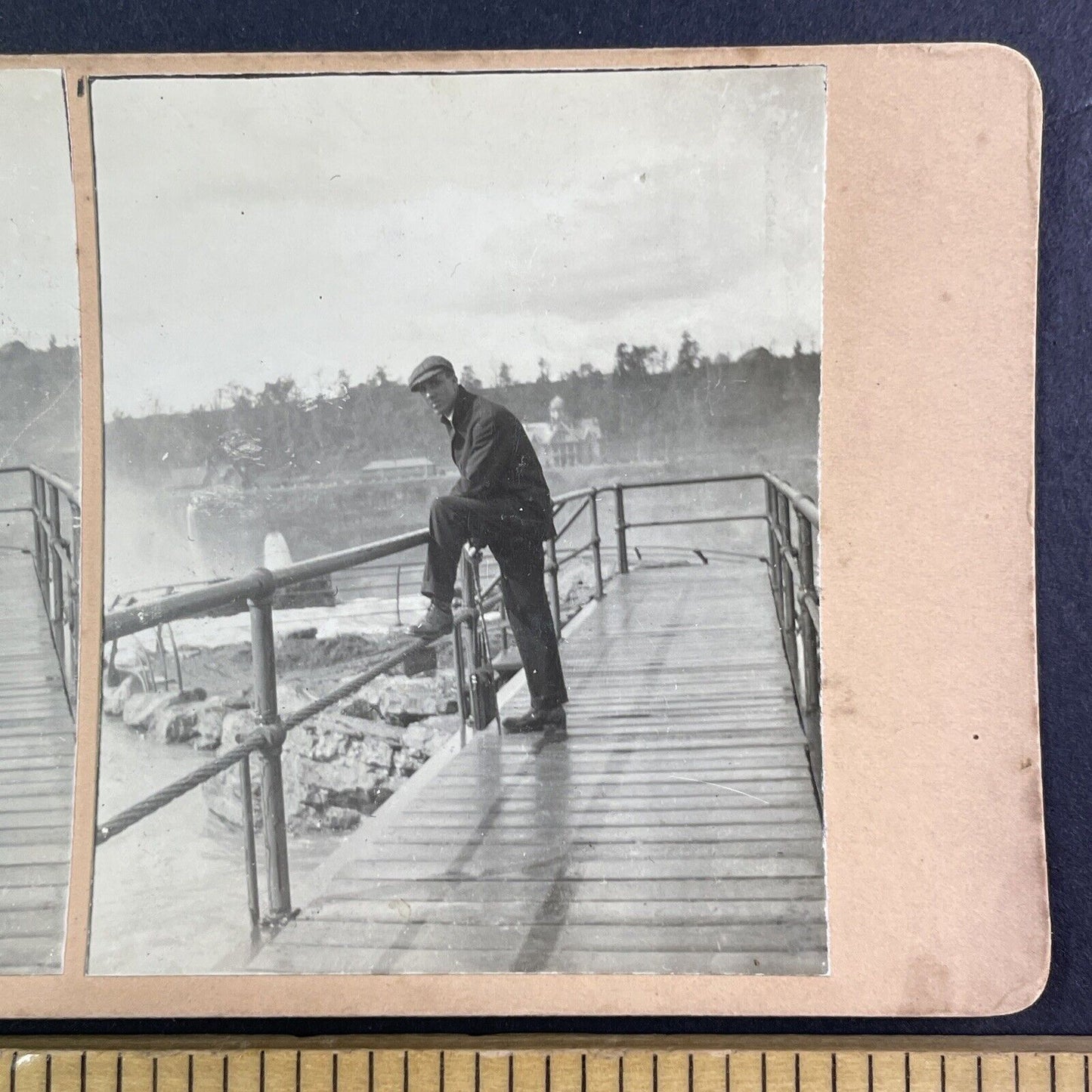 Man Standing at the Top of Niagara Falls Stereoview OOAK Antique c1908 Y2720