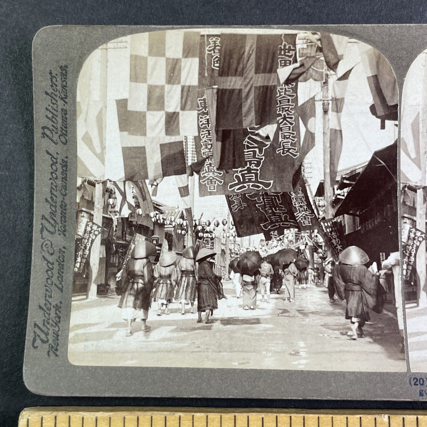 Theater Street Flags in Osaka Japan Stereoview Antique c1904 Y2585