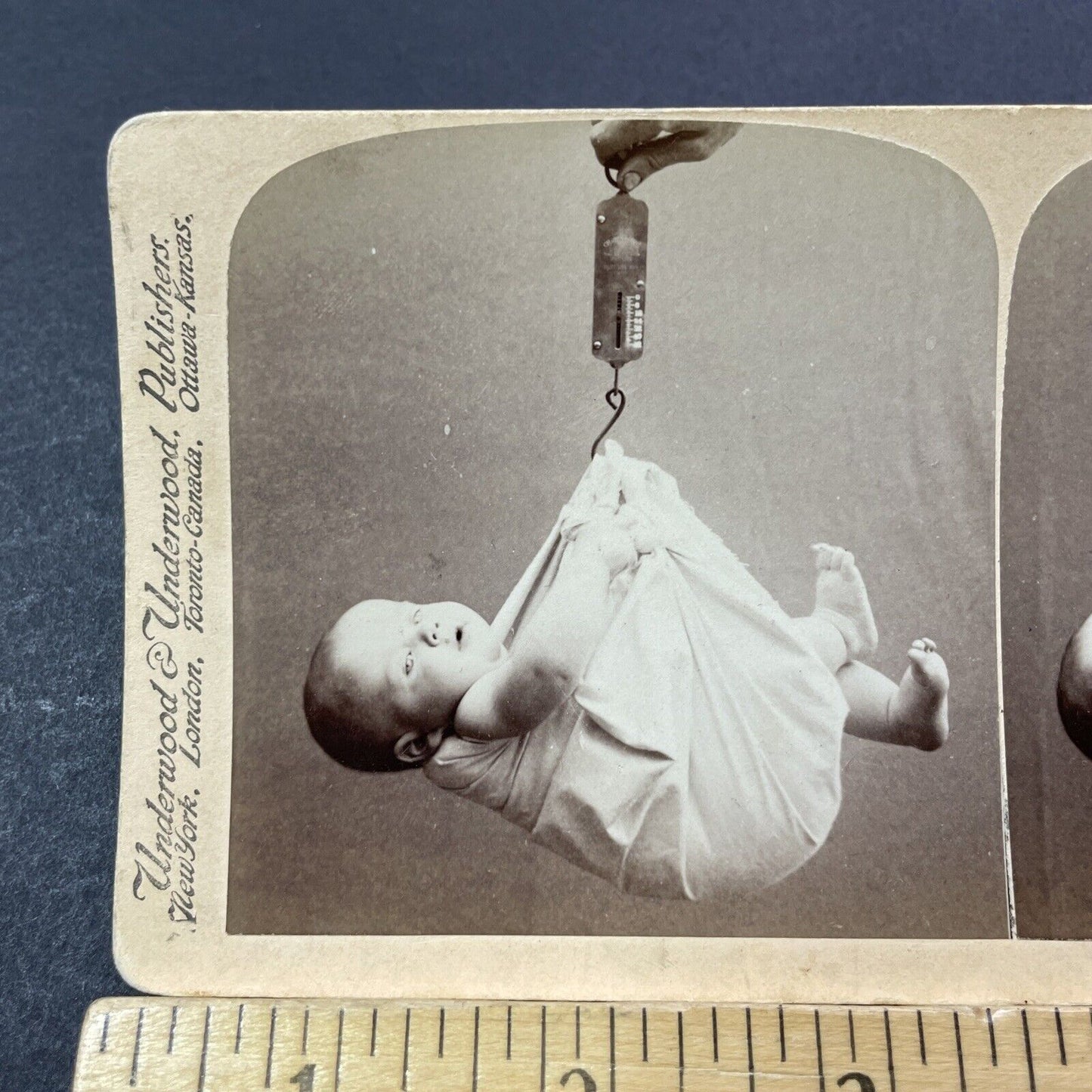 Antique 1901 Fish Scale Used To Weigh Newborn Baby Stereoview Photo Card V3294