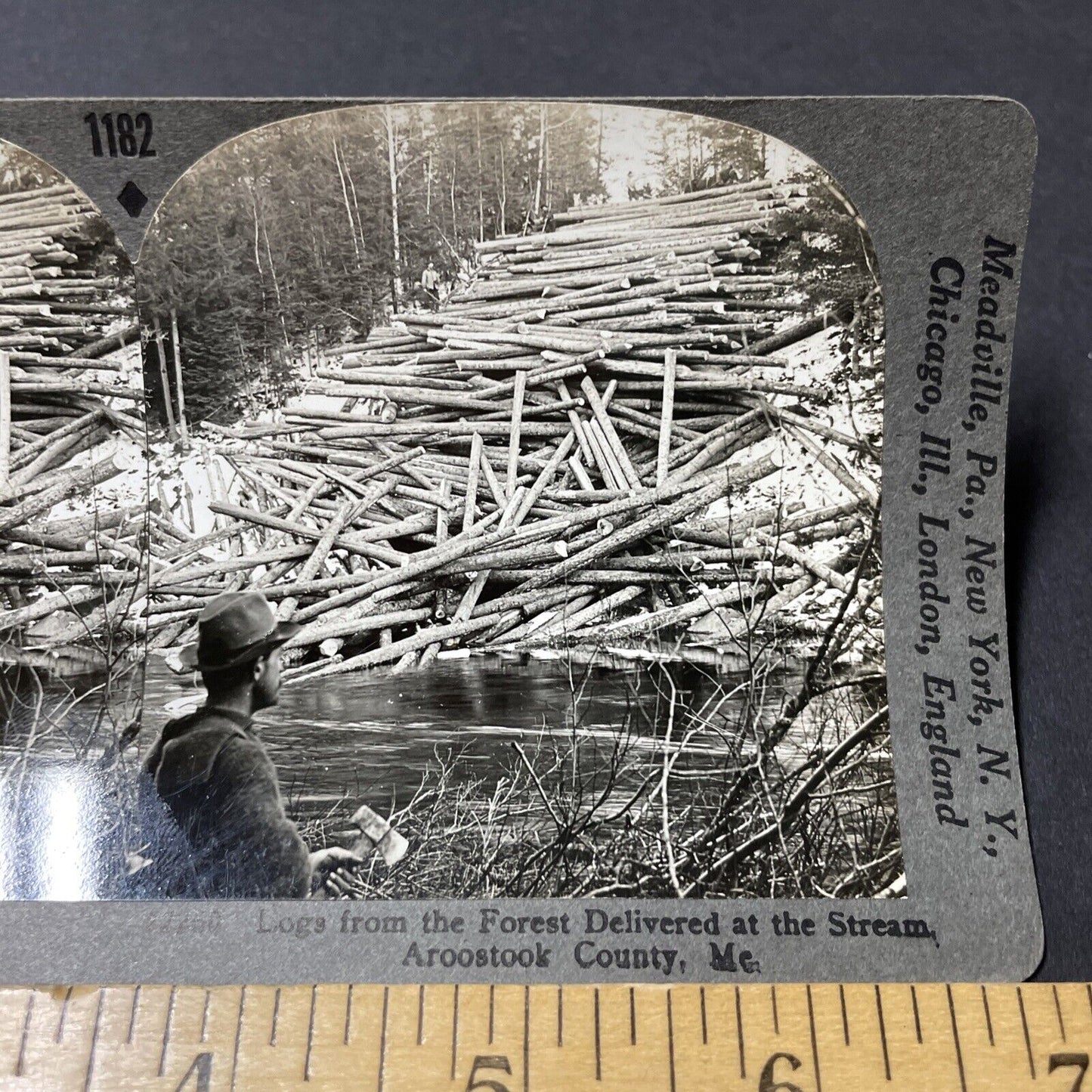 Antique 1910s Logging Logdrivers In Aroostook Maine Stereoview Photo Card V2628