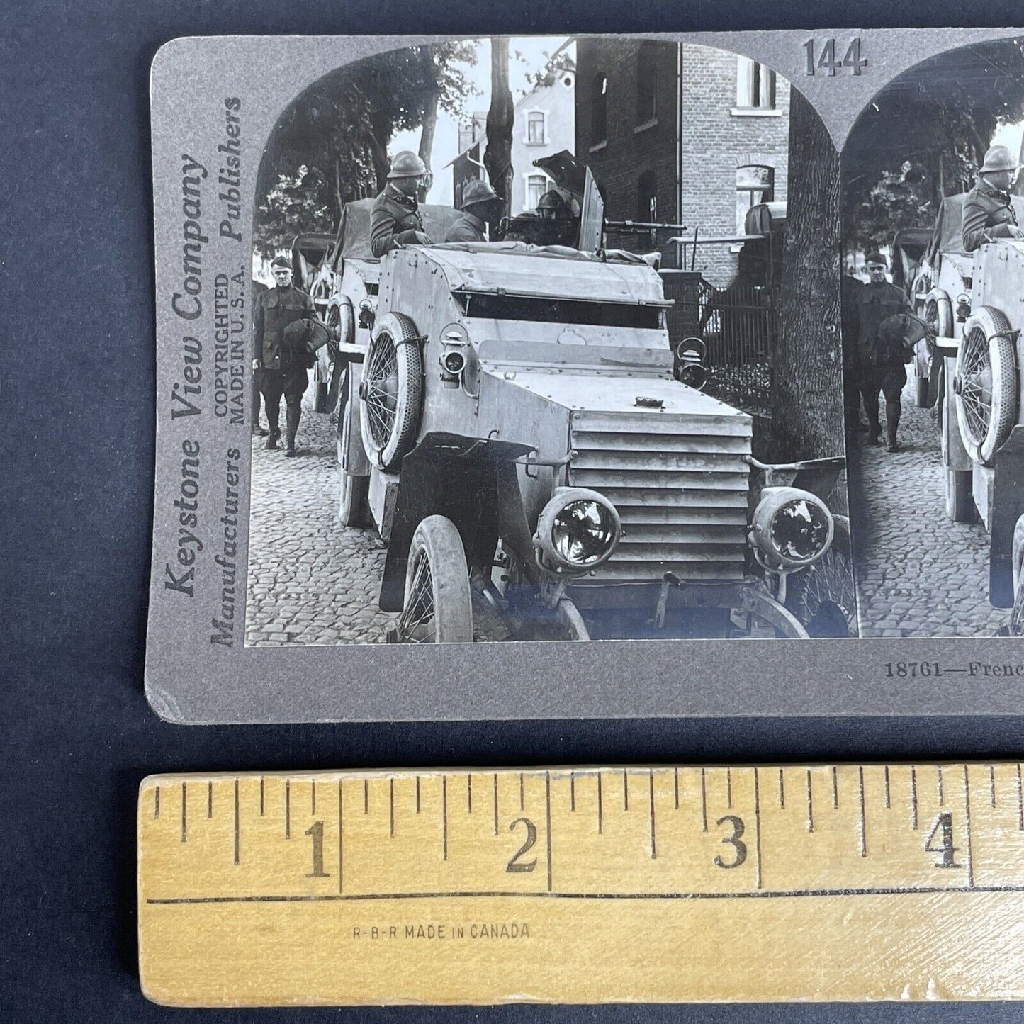 Antique 1918 WW1 French Soldiers In US Armored Car Stereoview Photo Card P998