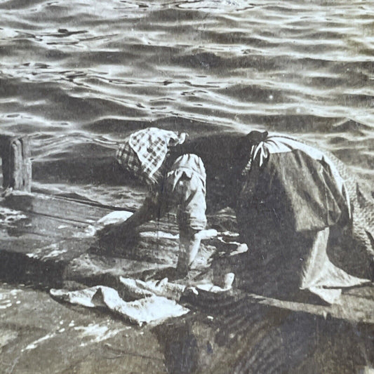 Antique 1901 Peasants Scrub Docks Skeppsbro Sweden Stereoview Photo Card P2108