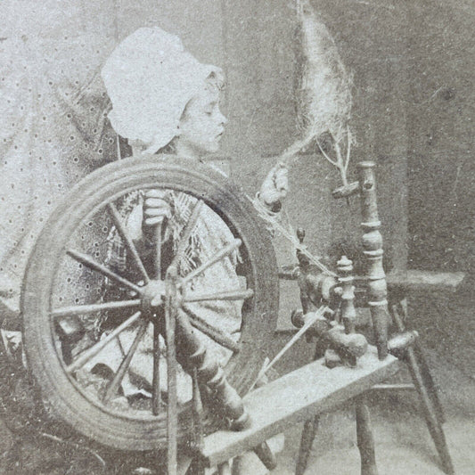 Antique 1870s Girl Spinning Wool Gets Caught Up Stereoview Photo Card P3088