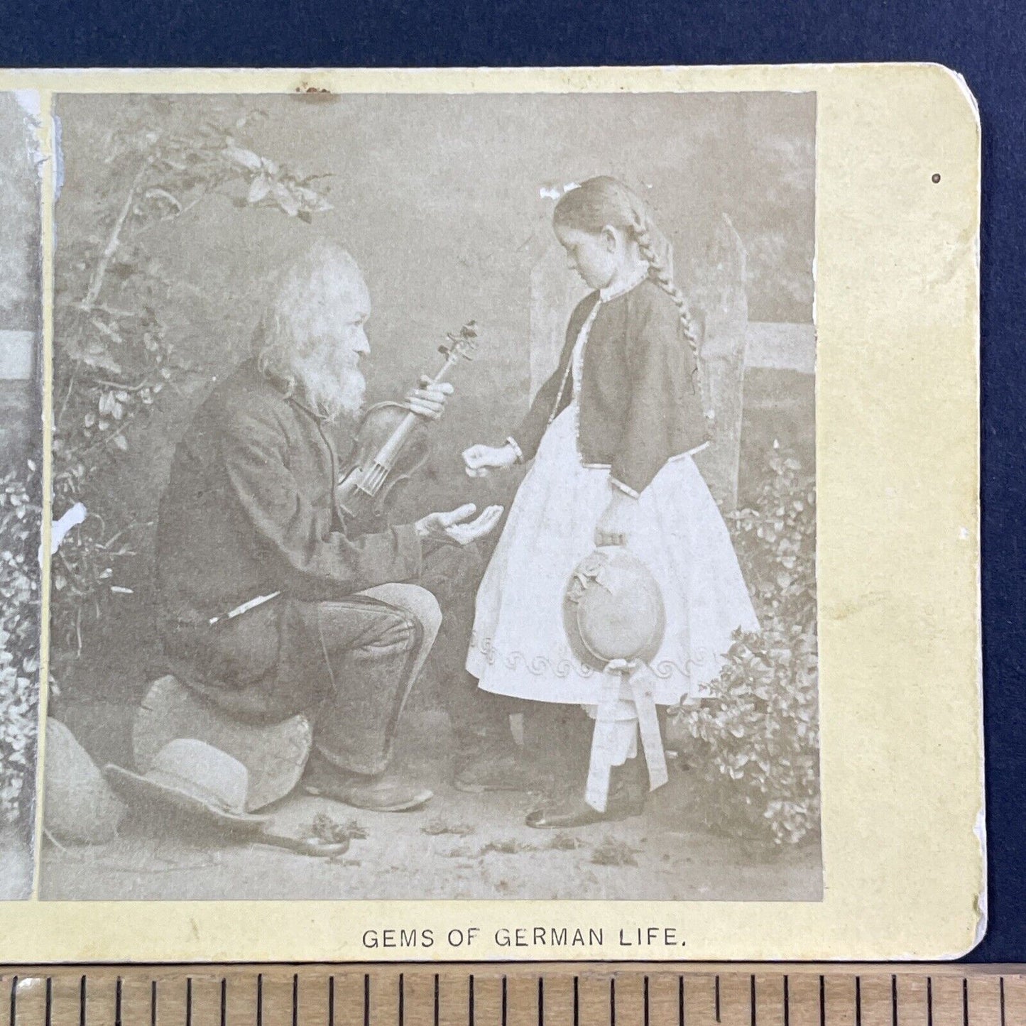 Fiddler Violinist Paid By Young Girl Stereoview Loescher Antique c18zz X1906