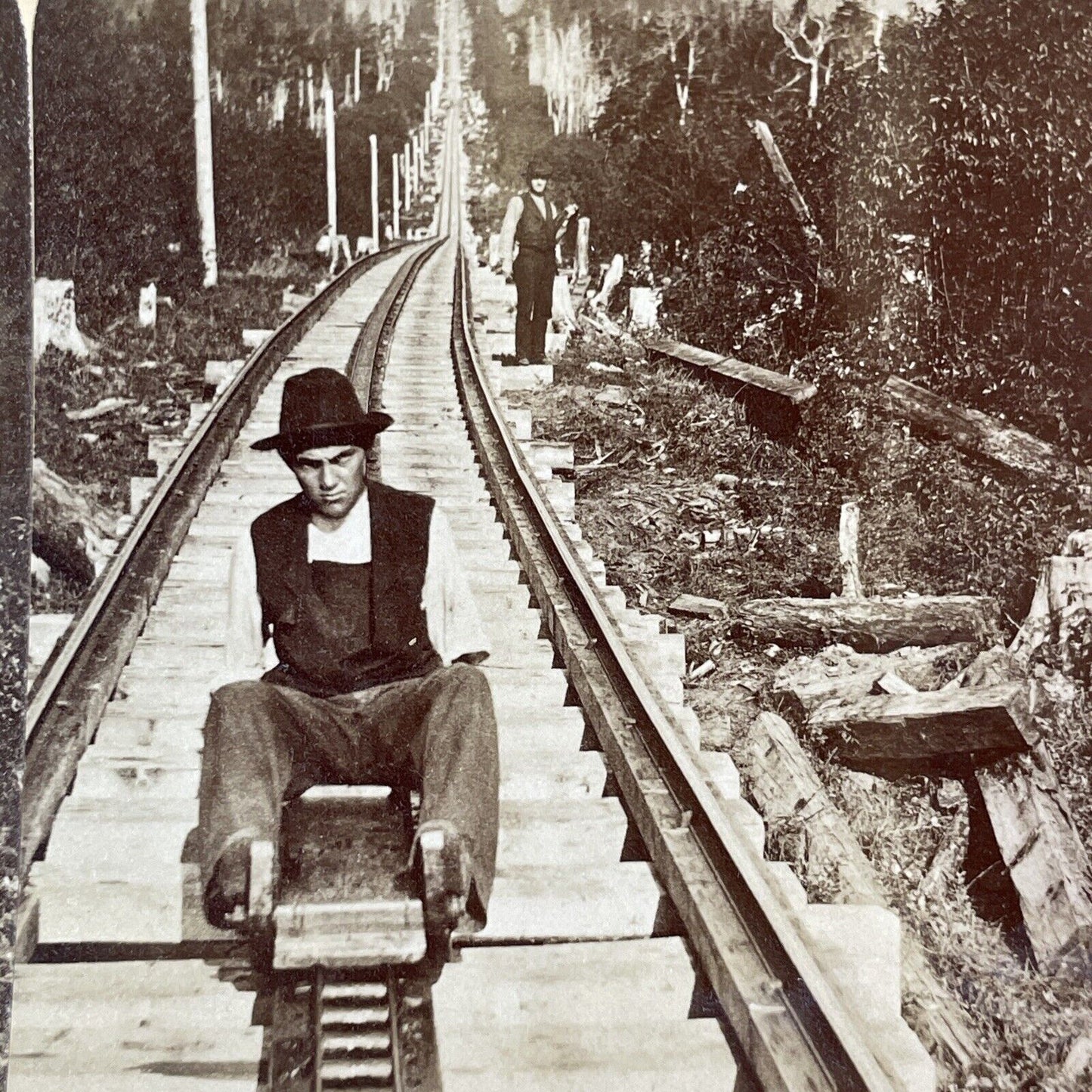 Railroad Worker Missing One Arm Stereoview Mt Washington Railway c1870s Y1851