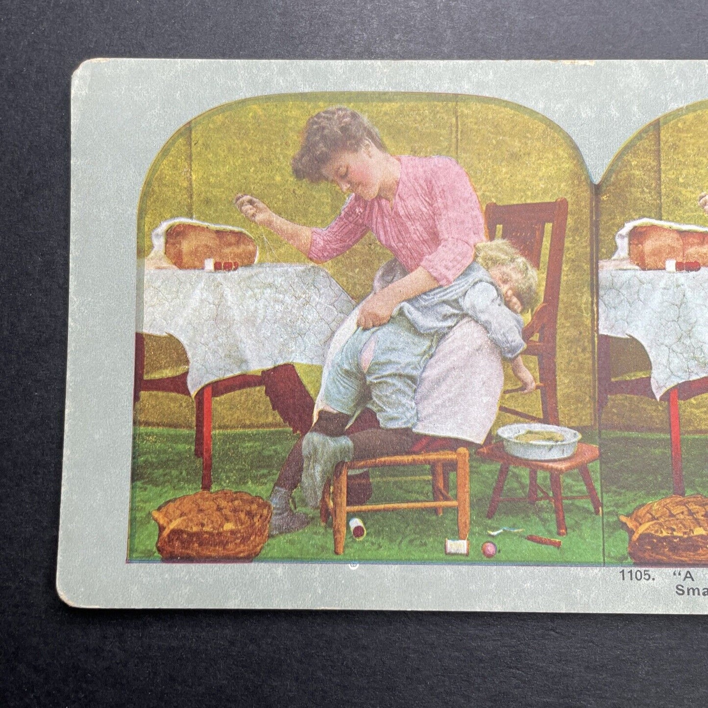 Antique 1892 Mother Sewing A Boy's Ripped Pants Stereoview Photo Card P1231