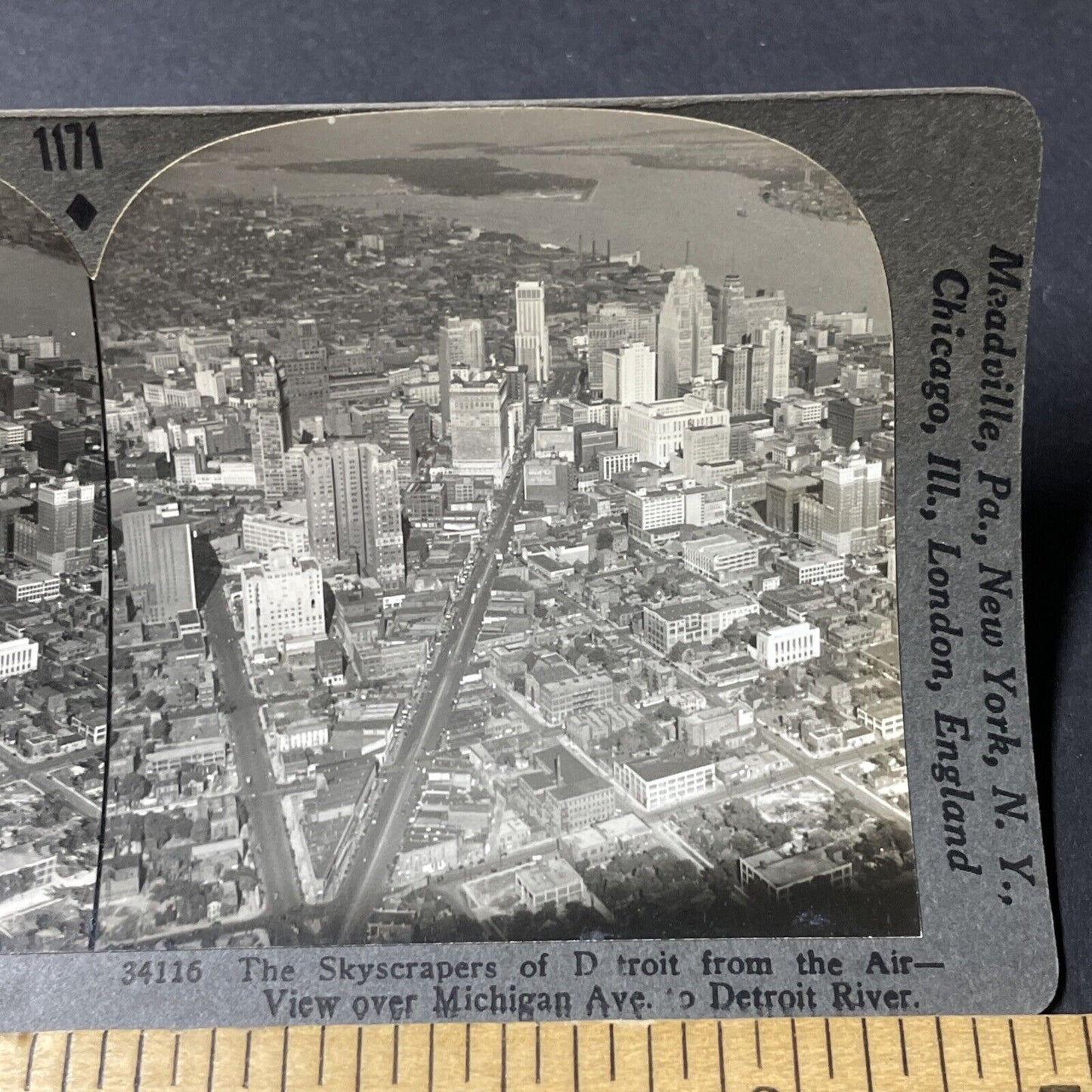 Antique 1920s Detroit Michigan Downtown Aerial View Stereoview Photo Card V2617