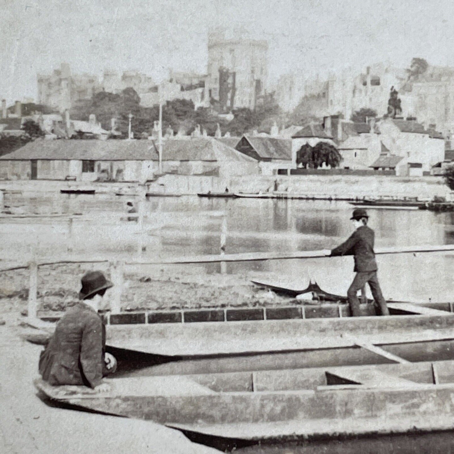 Antique 1899 Eton College Campus Student Thames River Stereoview Photo Card P970