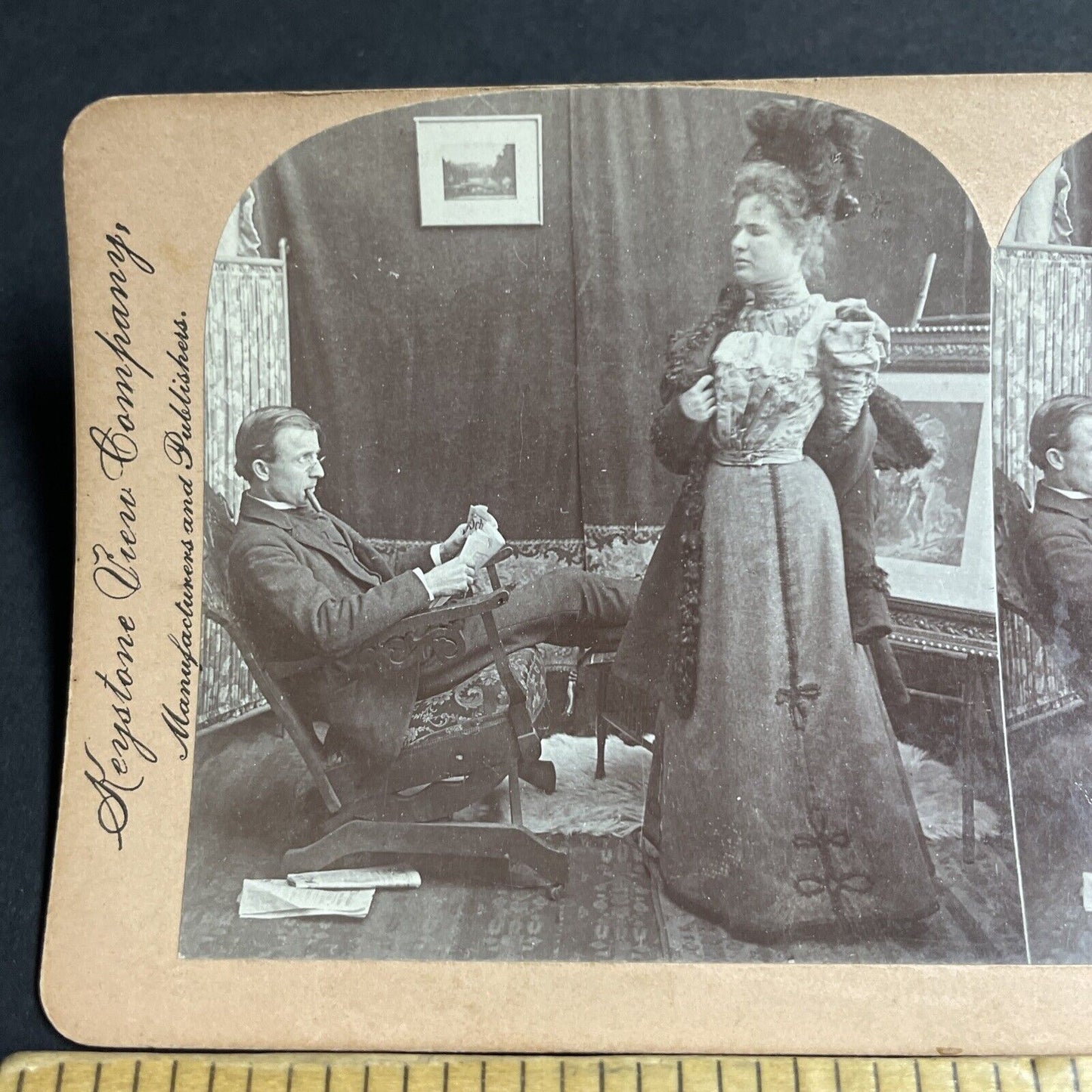 Antique 1899 Husband Too Lazy To Help Wife With Coat Stereoview Photo Card P4653