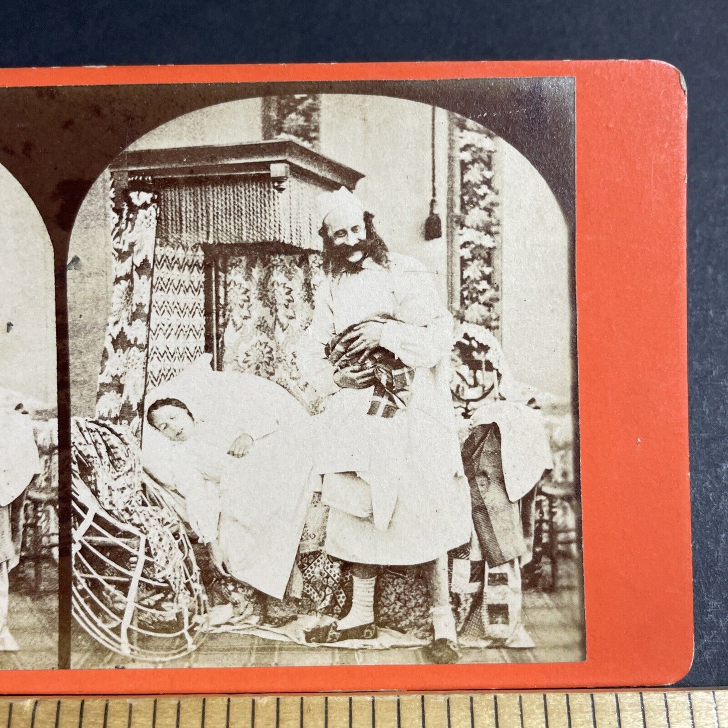 Antique 1860s Man Holds Crying Baby At Night Stereoview Photo Card P4761