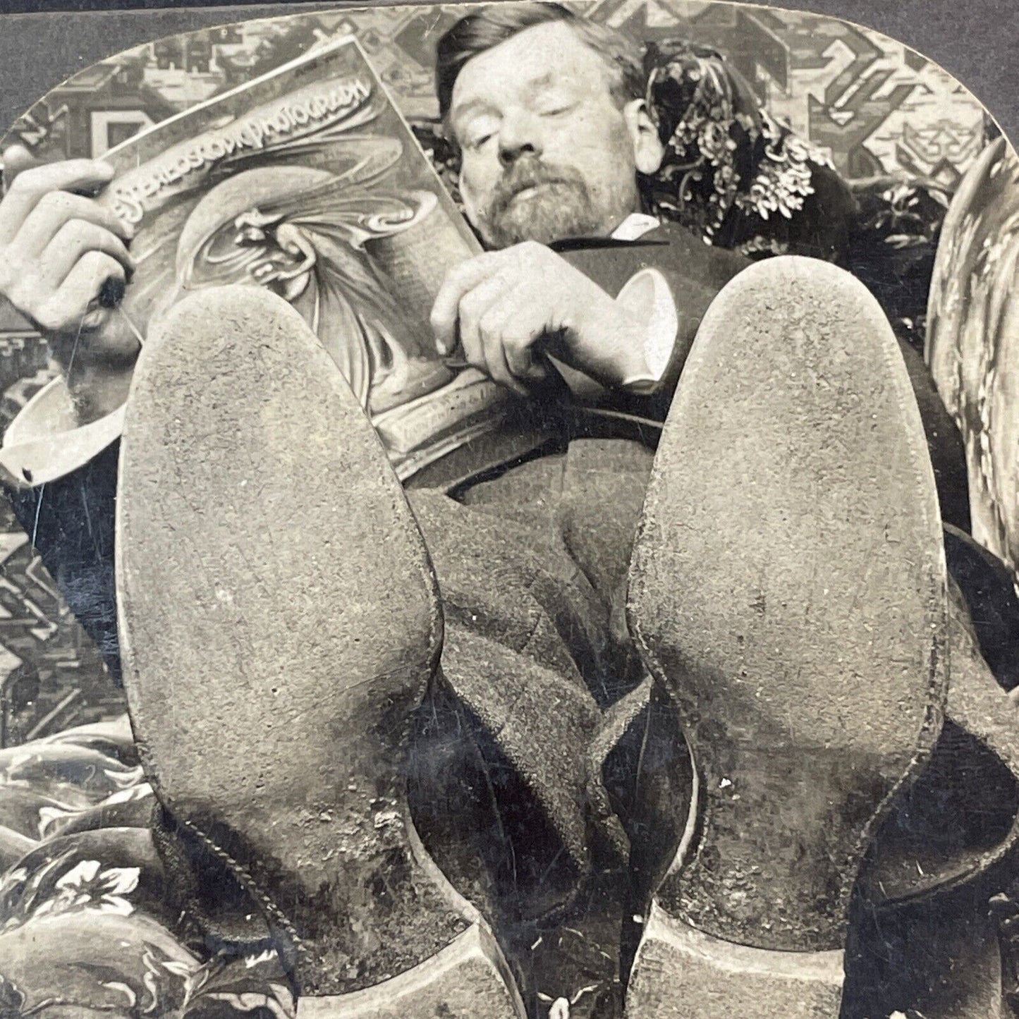 Man Reading A Magazine On Stereoscopy Stereoview Antique c1909 X2766