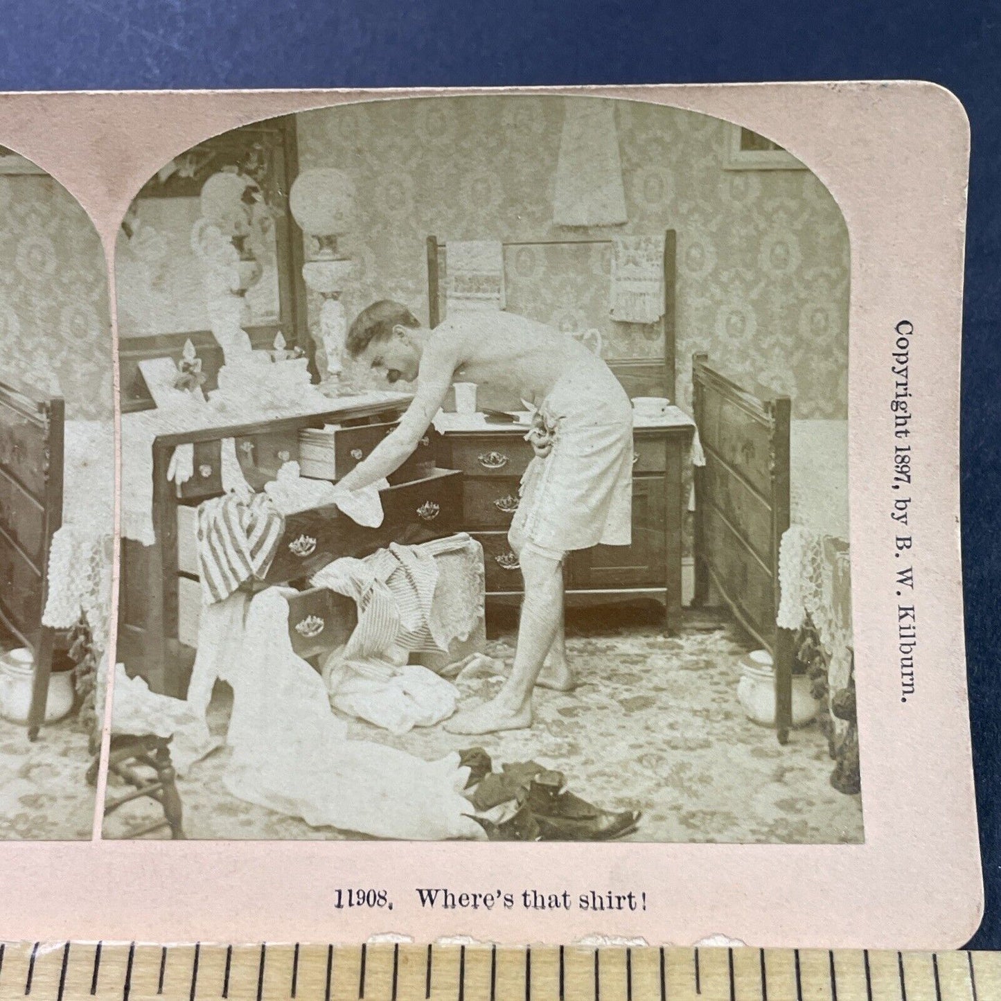 Antique 1897 Man Destroys Room Looking For Shirt Stereoview Photo Card P3957