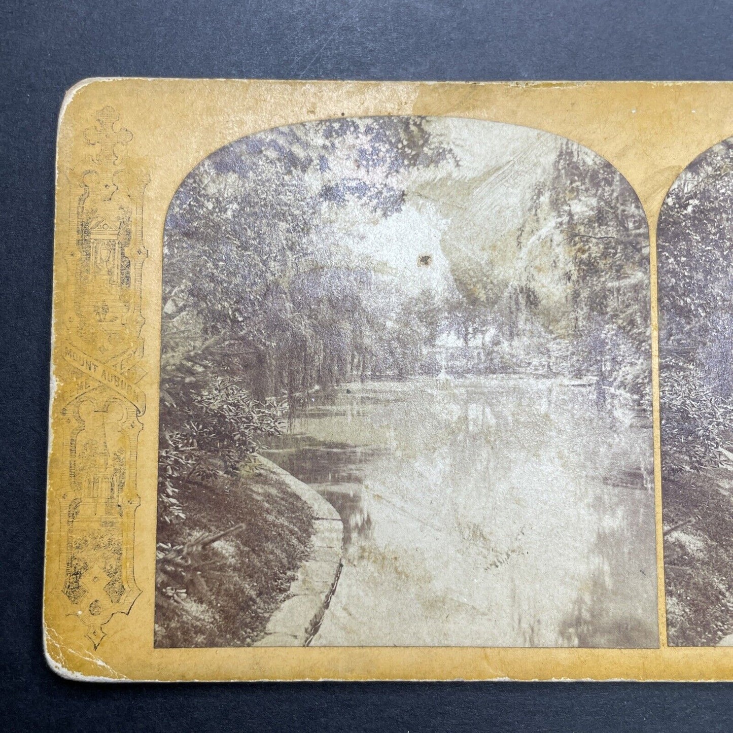 Antique 1870s Auburn Lake Mount Auburn Cemetery Stereoview Photo Card P1196