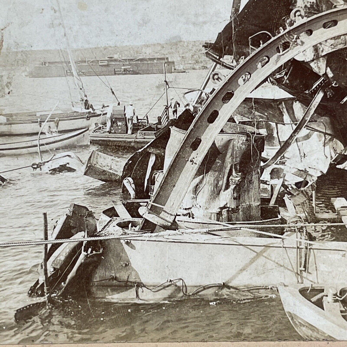 Scuba Divers at USS Maine Shipwreck Stereoview Havana Cuba Antique c1898 X3899