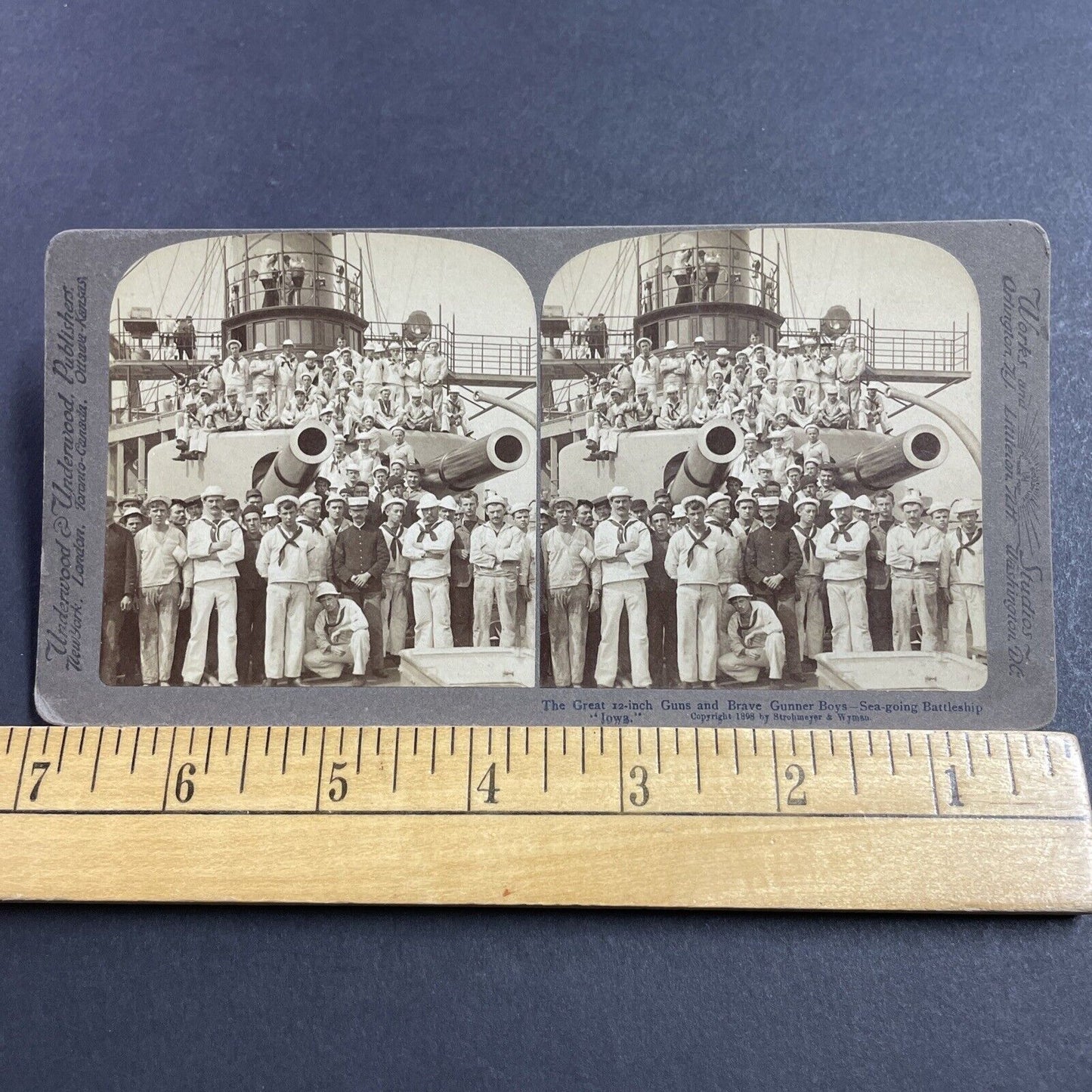 Antique 1898 Navy Sailors On USS Iowa Battleship Stereoview Photo Card P1980-14