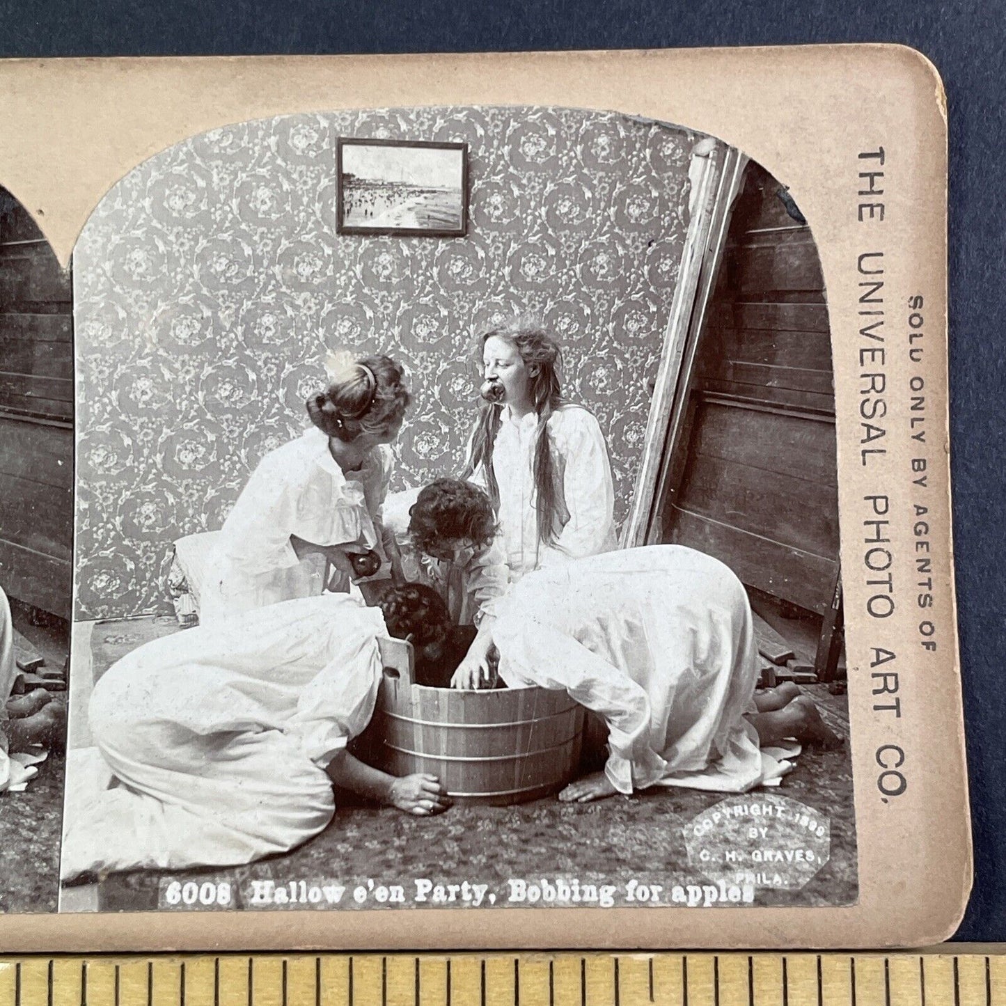 Women Bobbing For Apples Stereoview Halloween Party Antique c1899 X3251