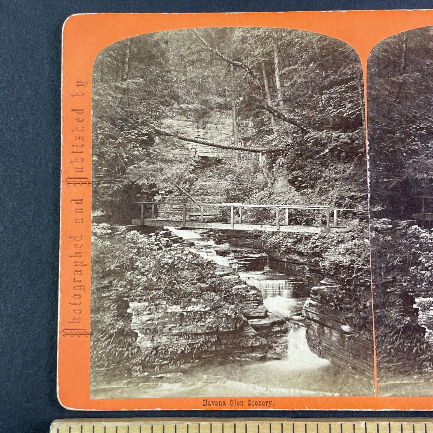 Cascade Bridge Watkins Glen New York Stereoview G.F. Gates Antique c1869 Y2832