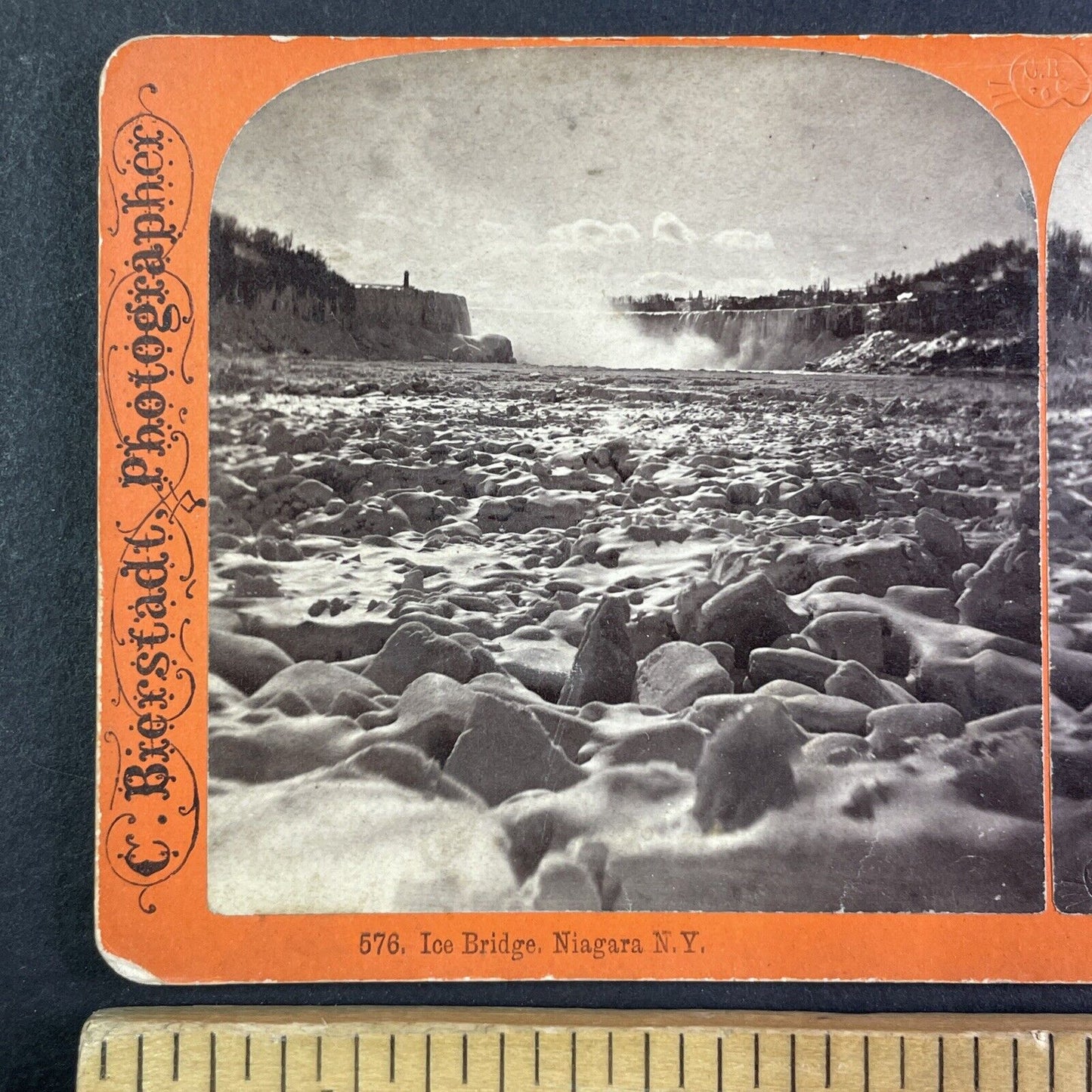 Frozen Niagara Falls River Land Bridge Stereoview Charles Bierstadt c1870s Y2224