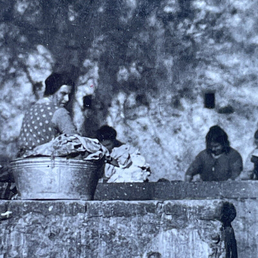 Antique 1925 Women Washing Clothes Turin Italy OOAK Stereoview Photo Card 3226