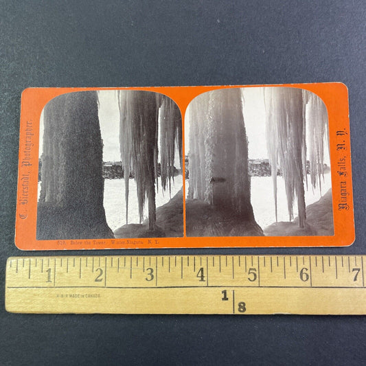 Beneath Frozen Niagara Falls New York Stereoview Charles Bierstadt c1870s Y2220