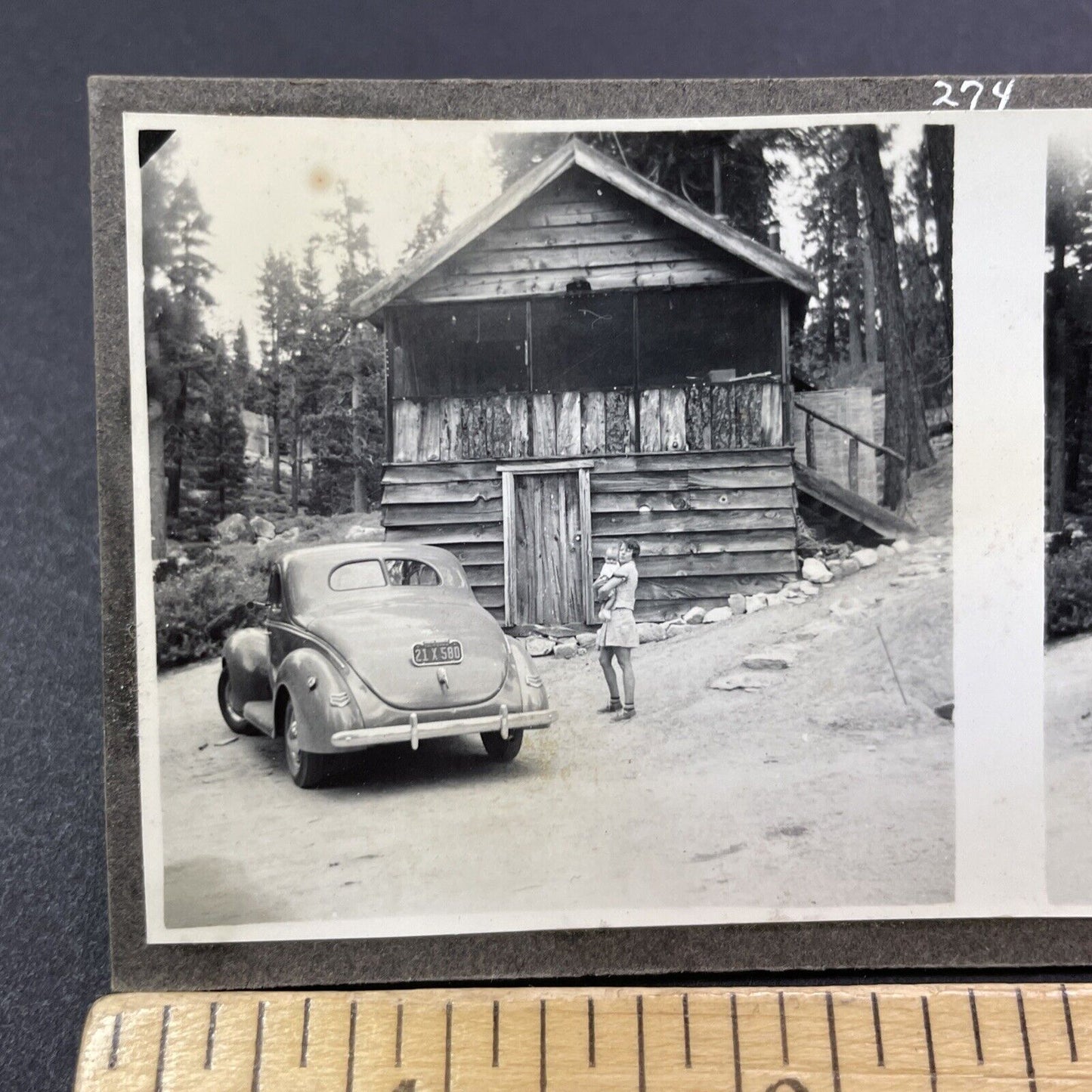 Vintage 1941 Fawnskin Hunting Cabin Big Bear Lake CA Stereoview Photo Card P503