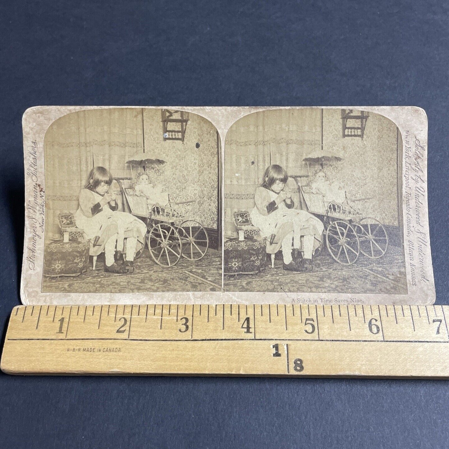 Antique 1893 Child Sews Porcelain Doll Clothes Stereoview Photo Card P4811