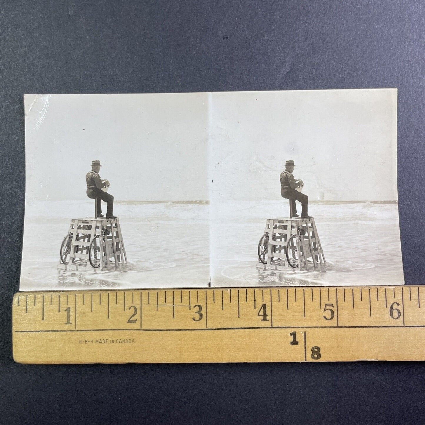 Lifeguard Filming The Ocean Beach Stereoview Celluloid Antique c1920s X3257