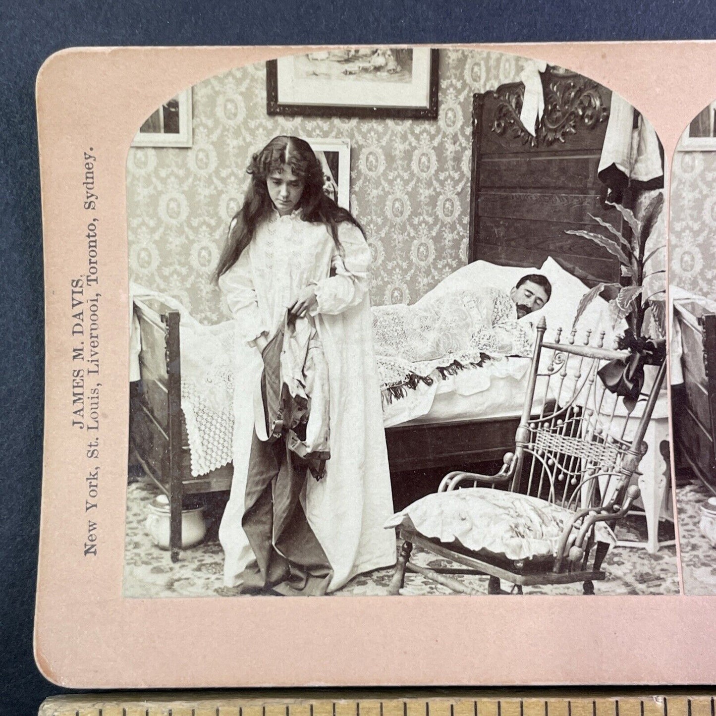 Woman Steals from Man while he Sleeps Stereoview James M. Davis c1897 Y1707