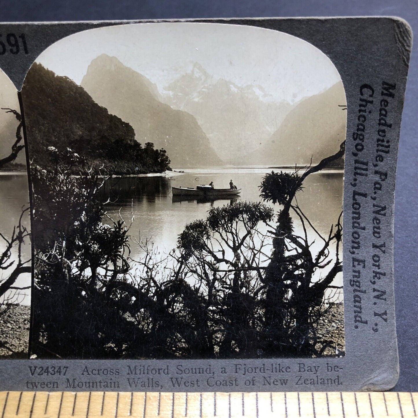 Antique 1909 Milford Sound Piopiotahi New Zealand Stereoview Photo Card P2010