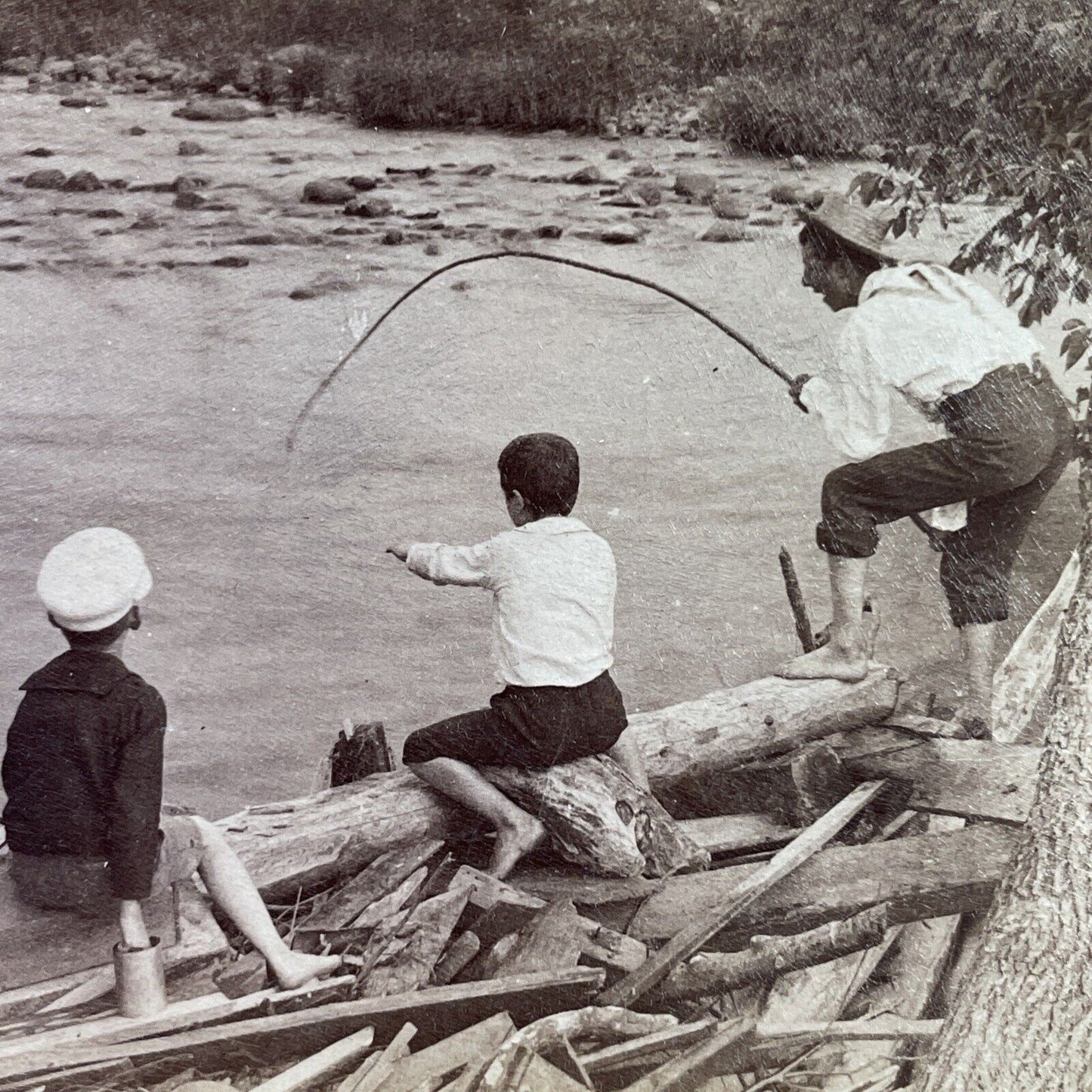 Antique 1880s Boys With Fishing Pole US South Stereoview Photo Card P3967