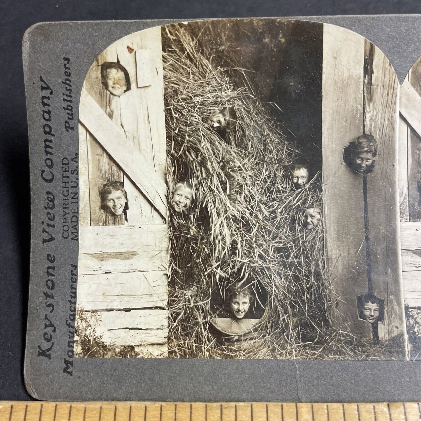 Antique 1910s Children Hiding In A Barn Stereoview Photo Card P4698