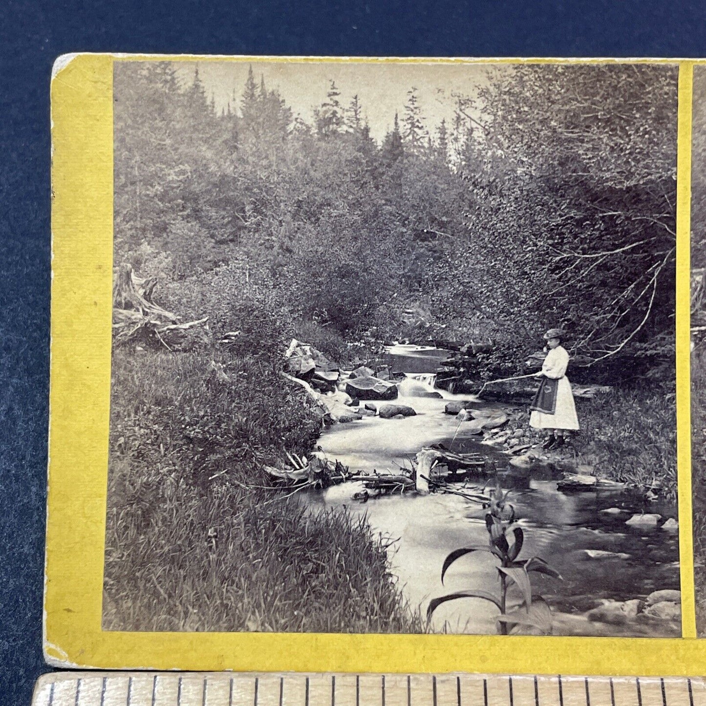 Antique 1871 Trout Fishing Near Gilsum New Hampshire Stereoview Photo Card V1893