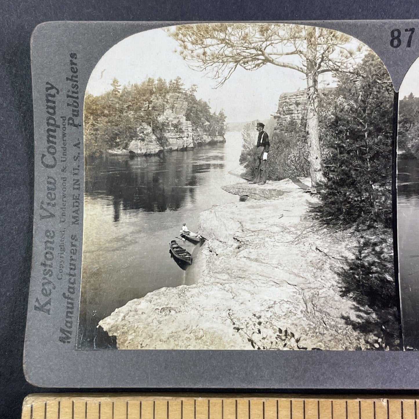 Man Standing at Edge of Cliff Stereoview Wisconsin River Antique c1909 Y1144