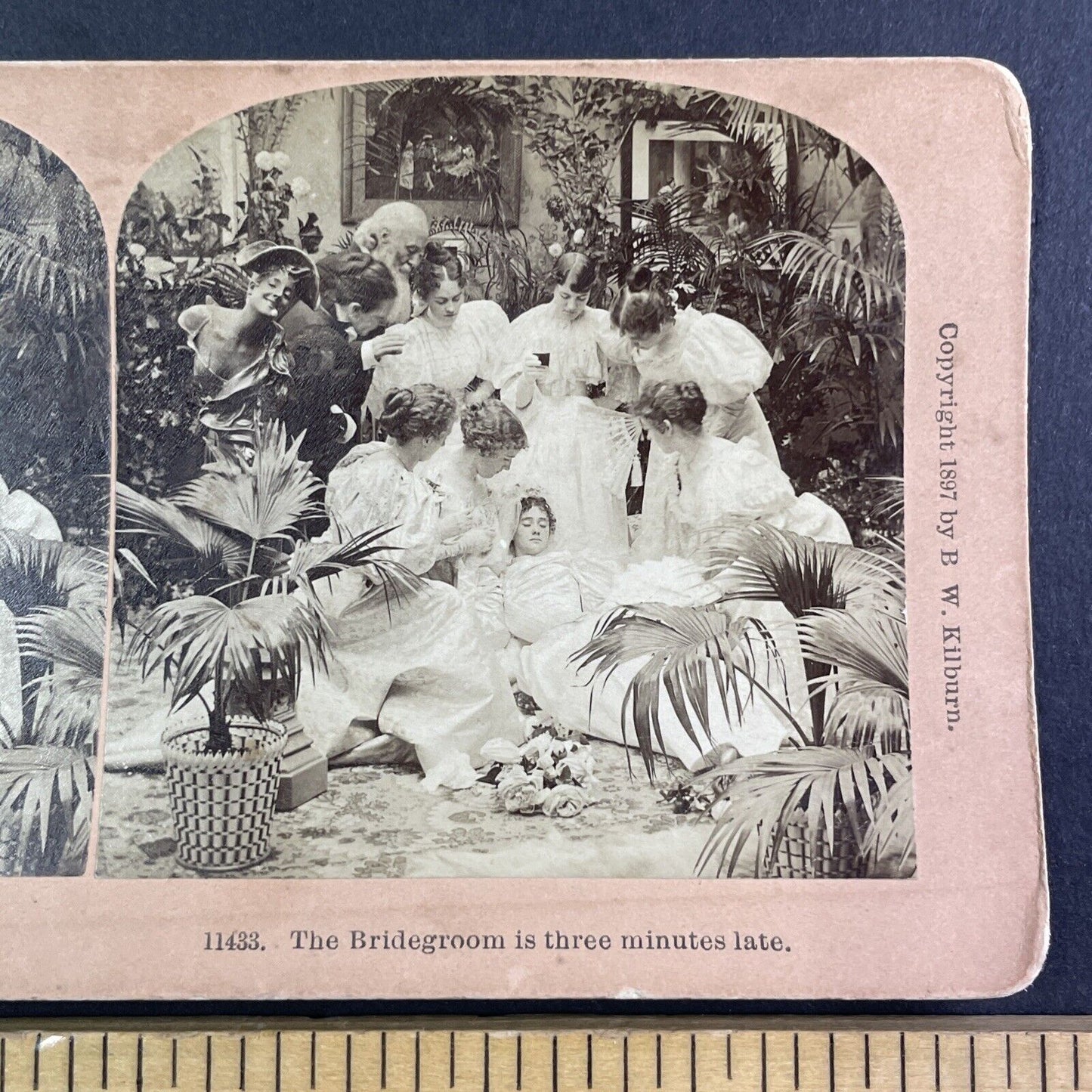 Bride Faints When Groom is Late for Wedding Stereoview Antique c1897 Y1394