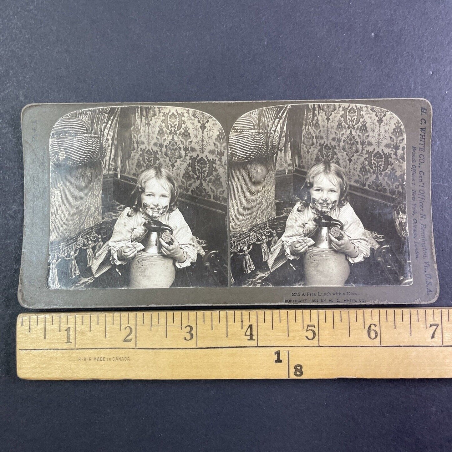 Child Eats Molasses Straight from the Jug Stereoview Antique c1902 Y1248