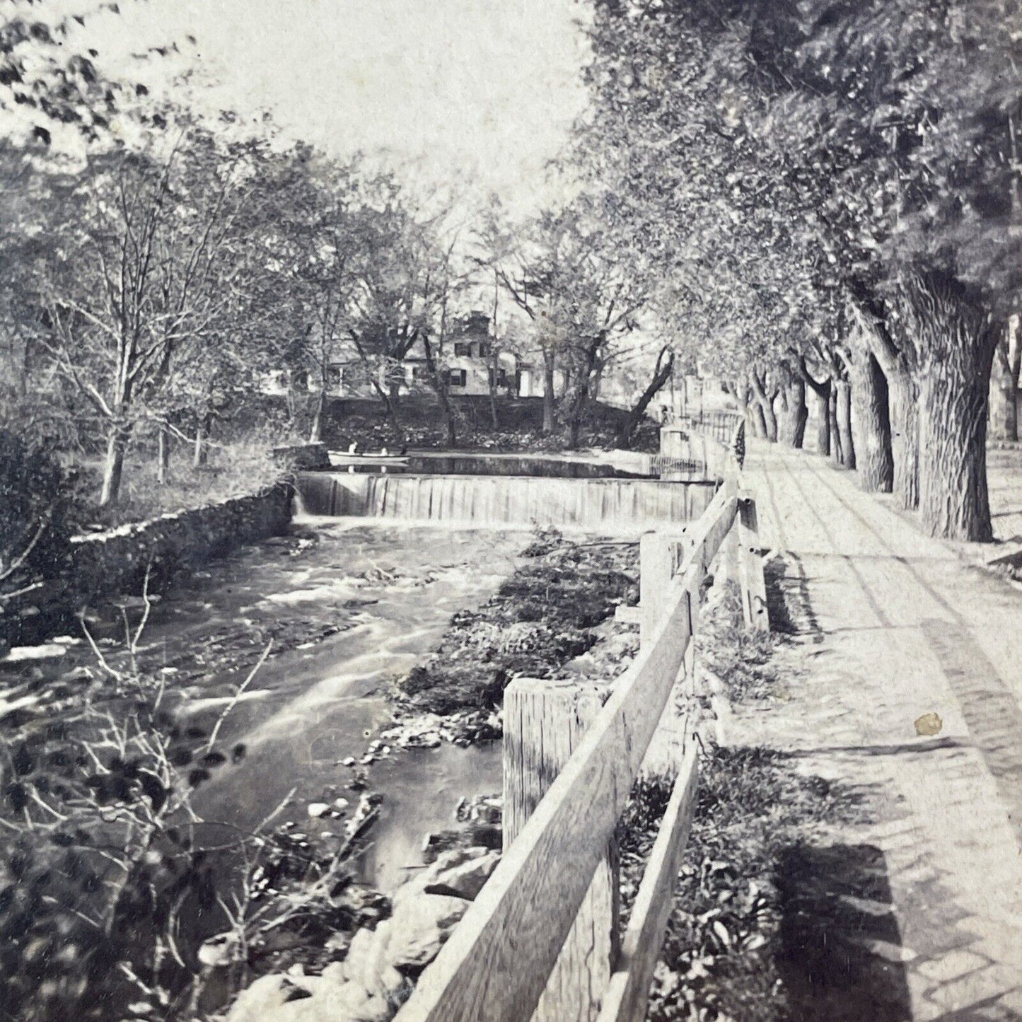 Bridge Street Canal Stereoview Lowell Massachusetts Antique c1860s Y084