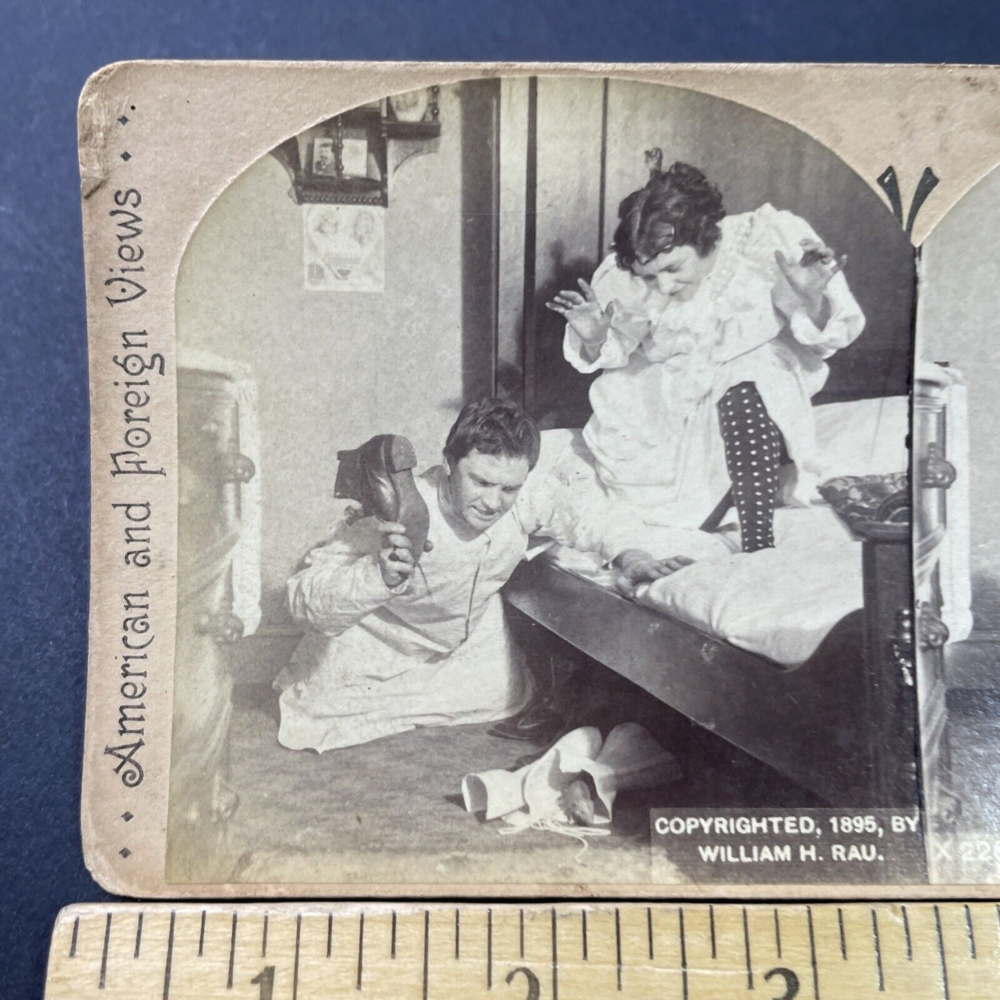 Antique 1895 Man Tries To Catch A Rat With His Boot Stereoview Photo Card P2875