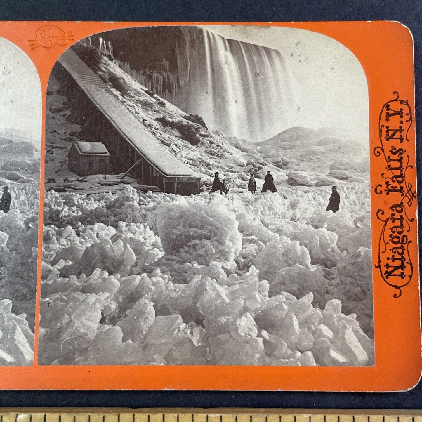 Frozen Niagara Falls River Land Bridge Stereoview Charles Bierstadt c1870s Y2216
