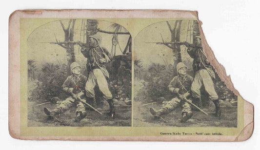 Antique 1911 Wounded Italian Soldiers Continue Fight In Libya Stereo Card P181