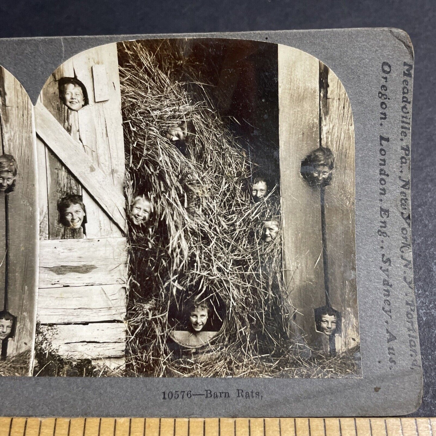 Antique 1910s Children Hiding In A Barn Stereoview Photo Card P4698