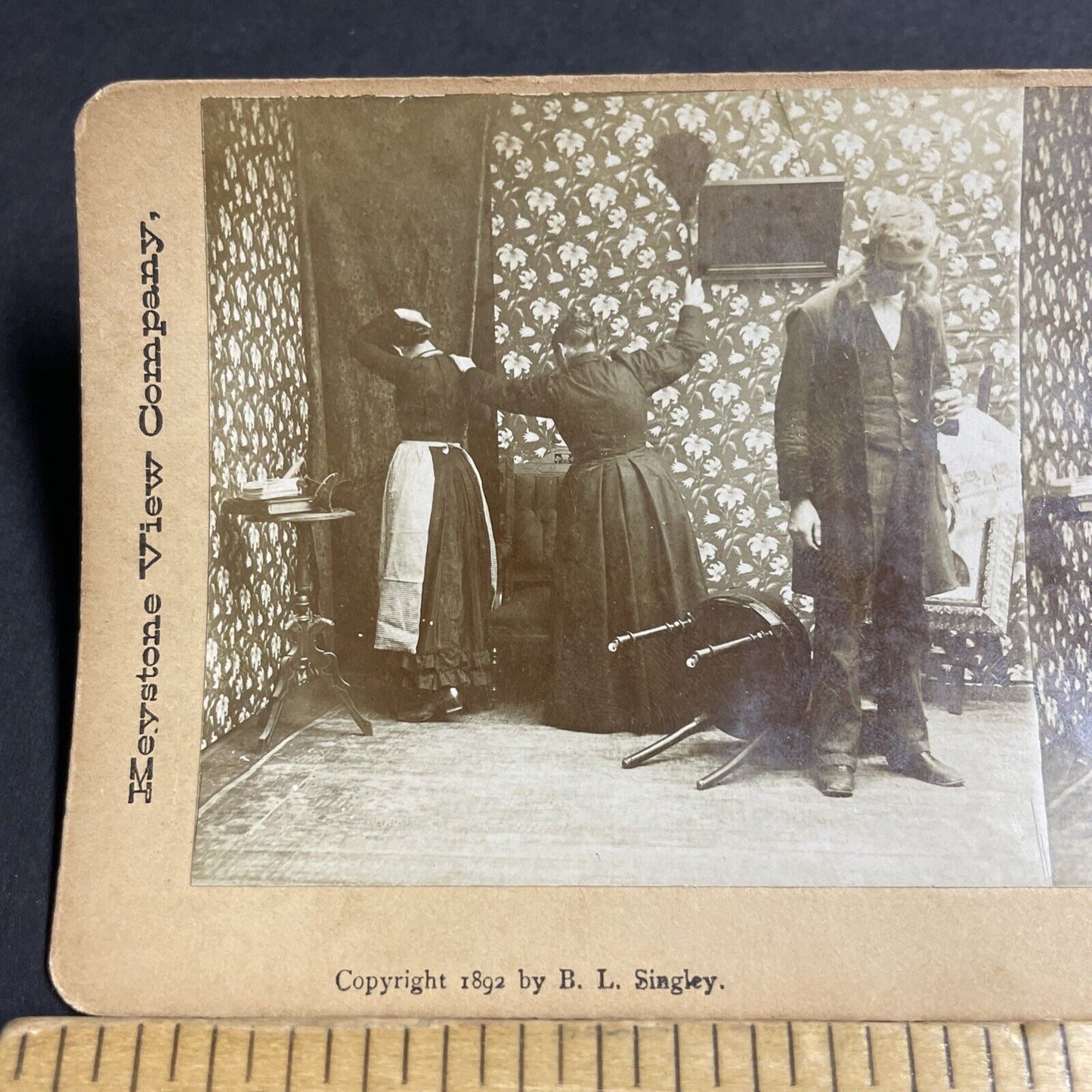 Antique 1892 Woman Beats Maid For Stealing Food Stereoview Photo Card P4651