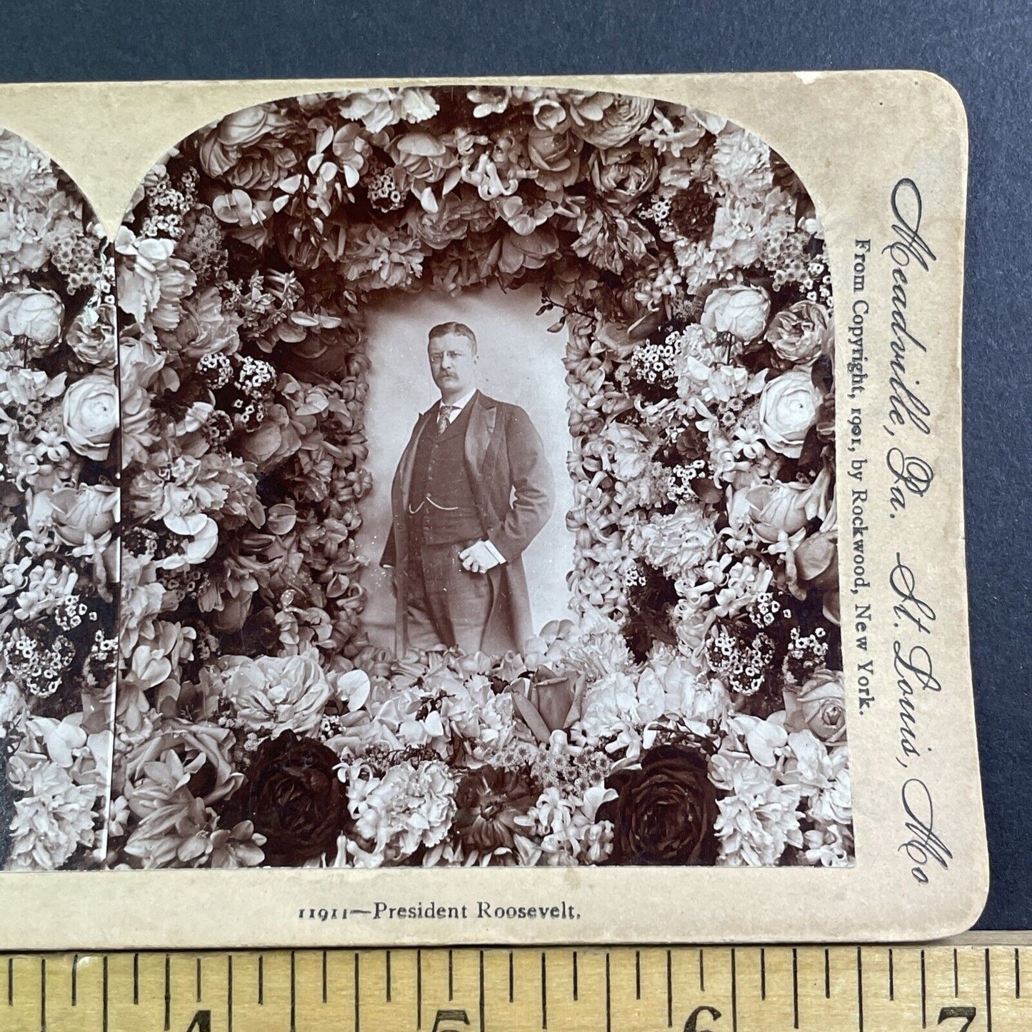 President Teddy Roosevelt Inauguration Flowers Stereoview Antique c1901 X1540