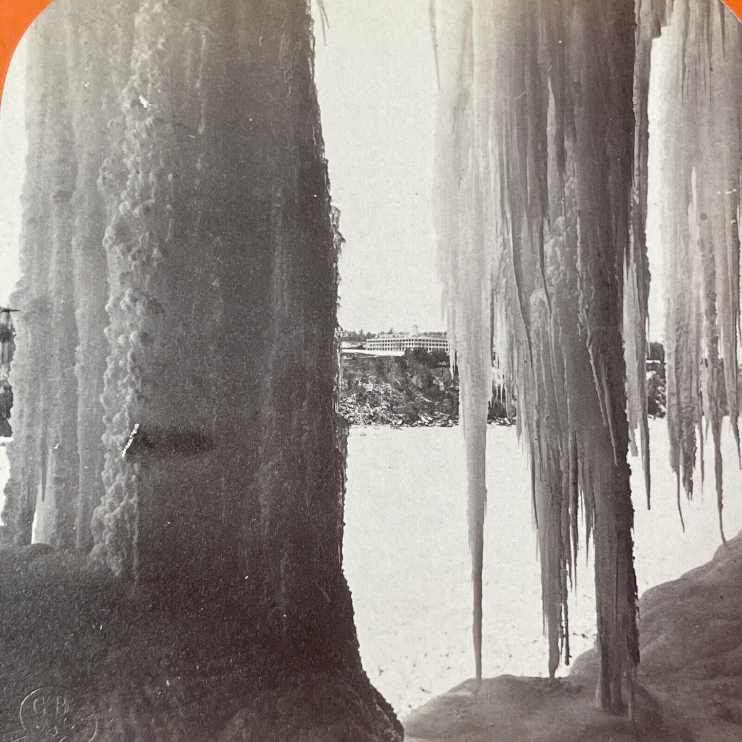 Beneath Frozen Niagara Falls New York Stereoview Charles Bierstadt c1870s Y2220
